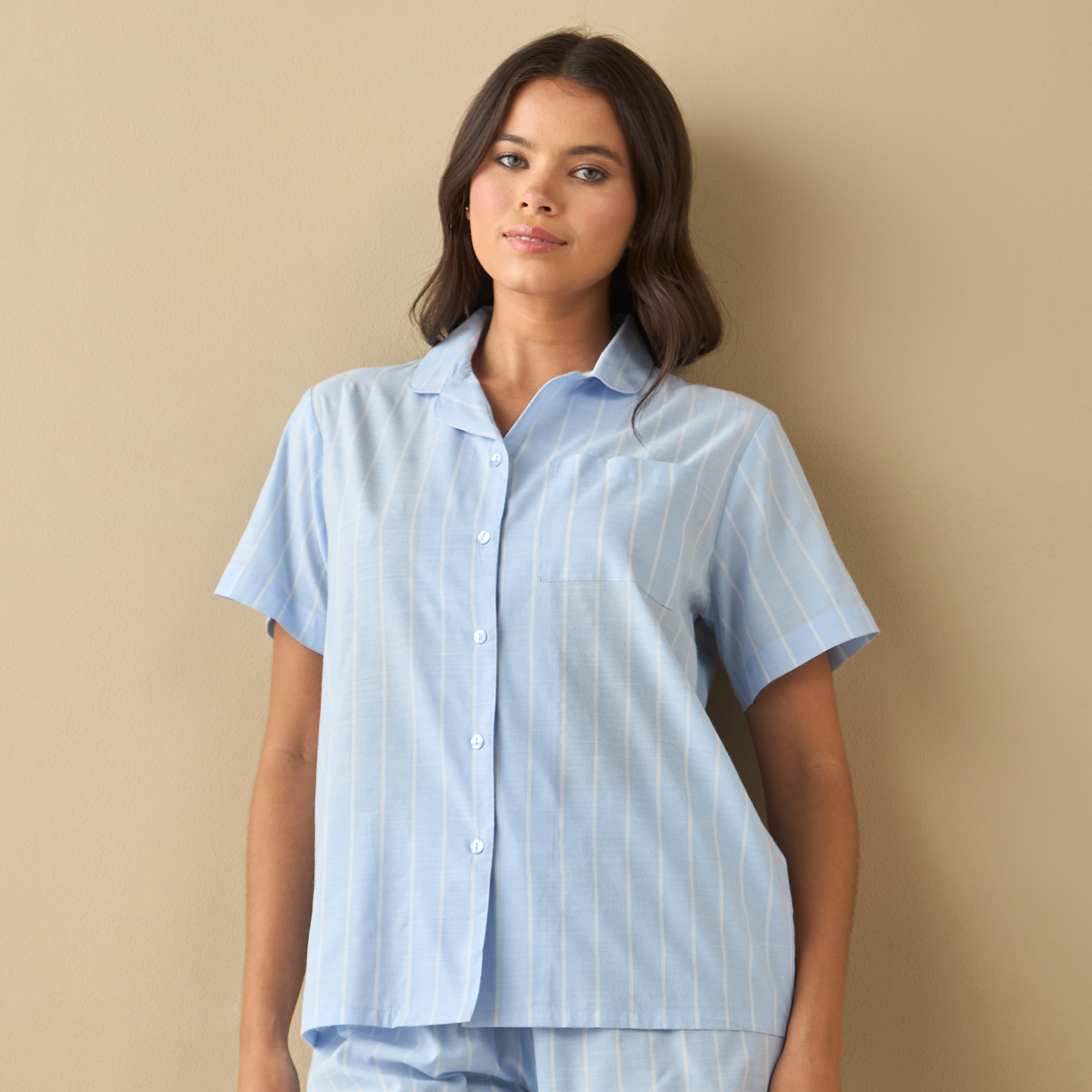 All-Over Striped Shirt with Chest Pocket and Elasticated Shorts Set-women-clothing-nightwear-pyjamas-shortsets-image-7