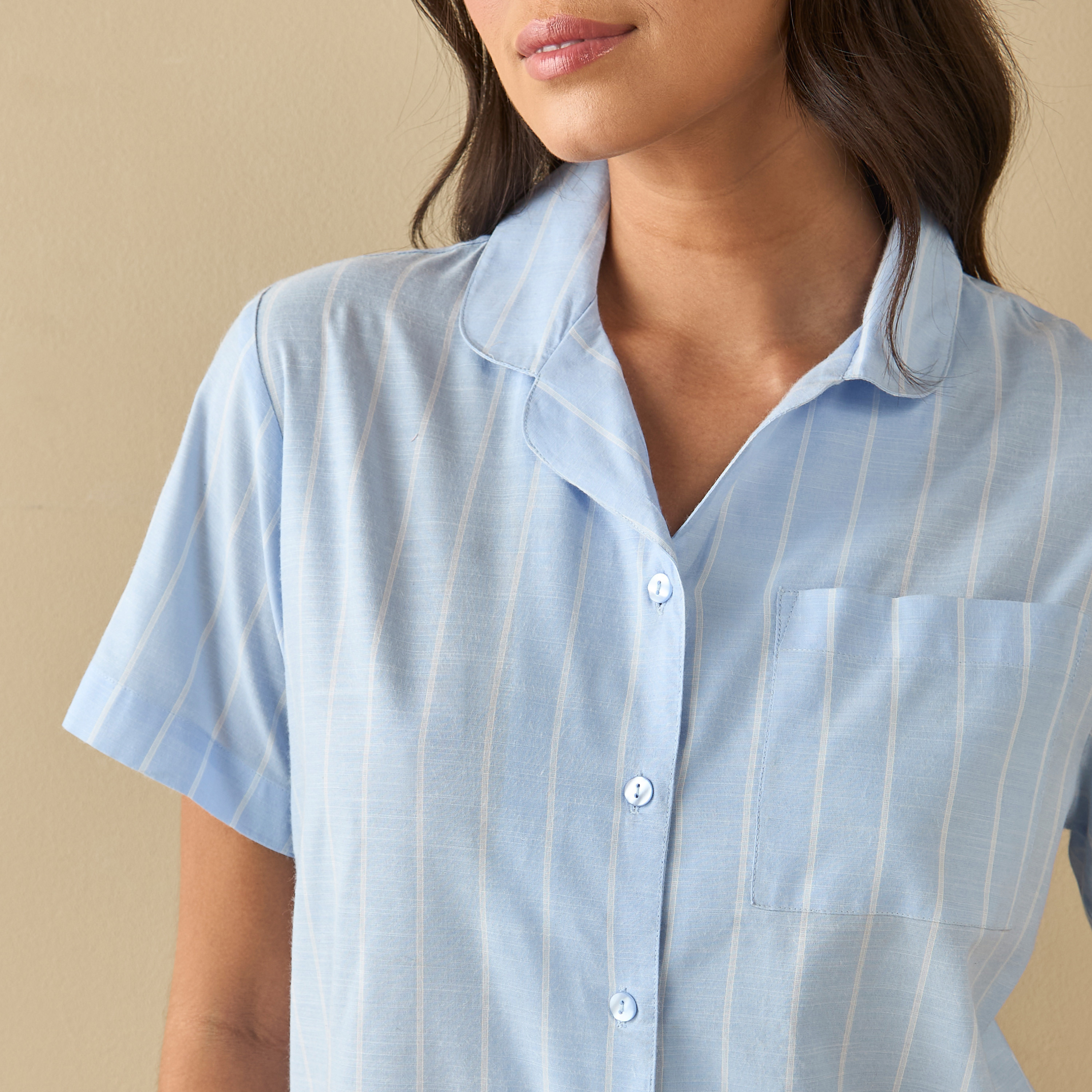 All-Over Striped Shirt with Chest Pocket and Elasticated Shorts Set-women-clothing-nightwear-pyjamas-shortsets-image-10