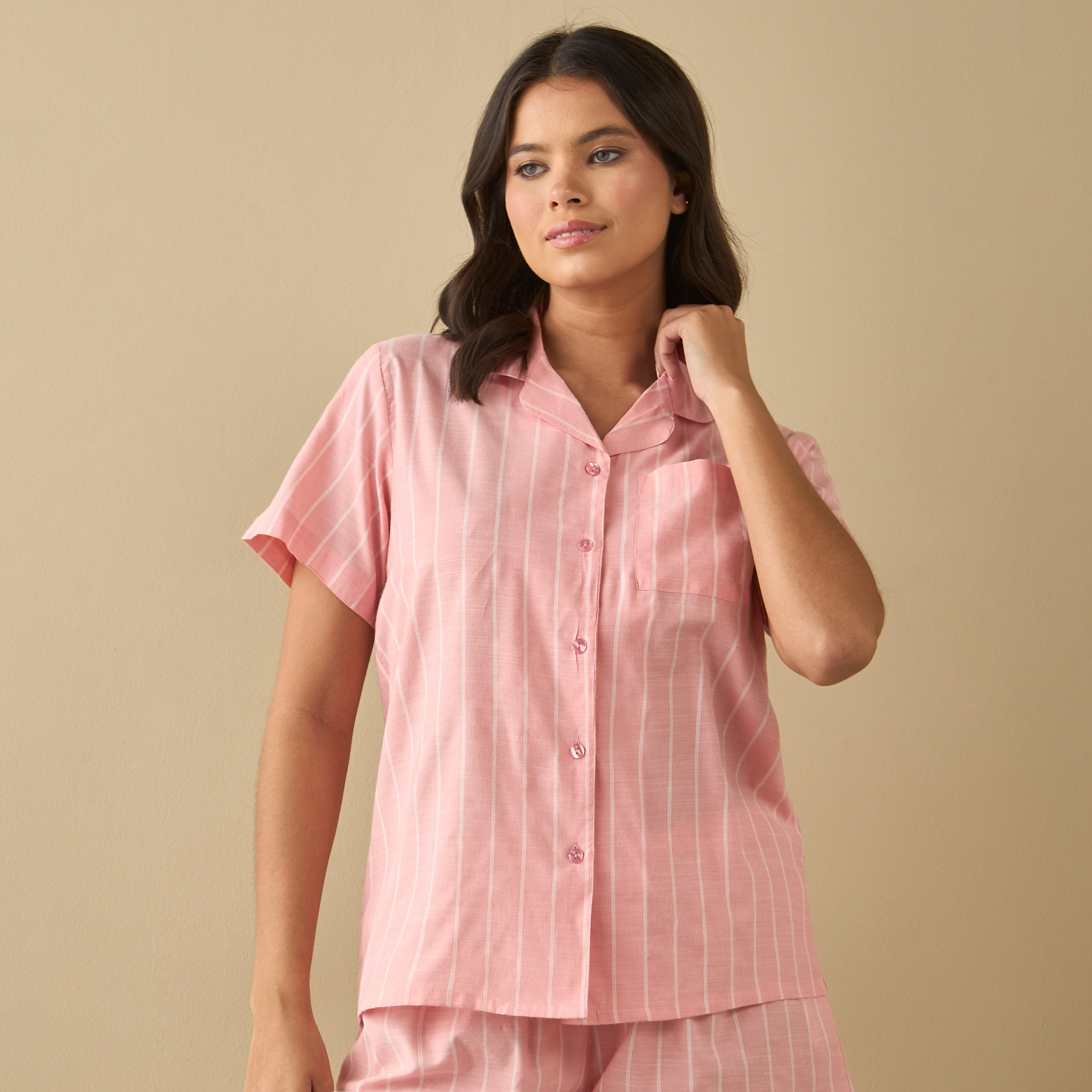 All-Over Striped Shirt with Chest Pocket and Elasticated Shorts Set-women-clothing-nightwear-pyjamas-shortsets-image-12