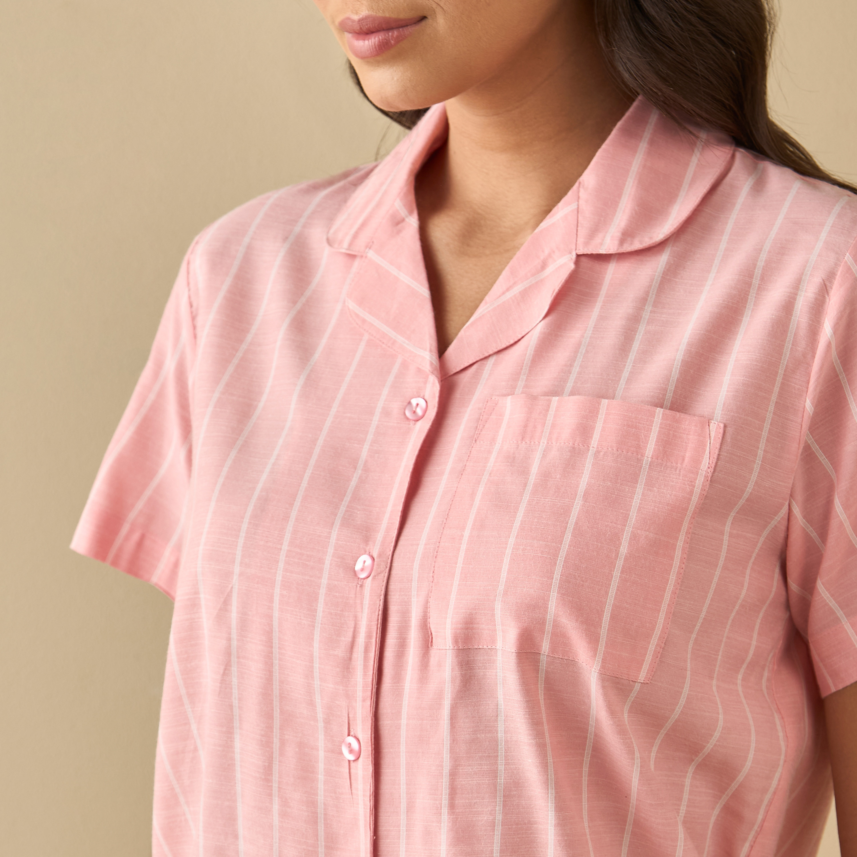 All-Over Striped Shirt with Chest Pocket and Elasticated Shorts Set-women-clothing-nightwear-pyjamas-shortsets-image-15