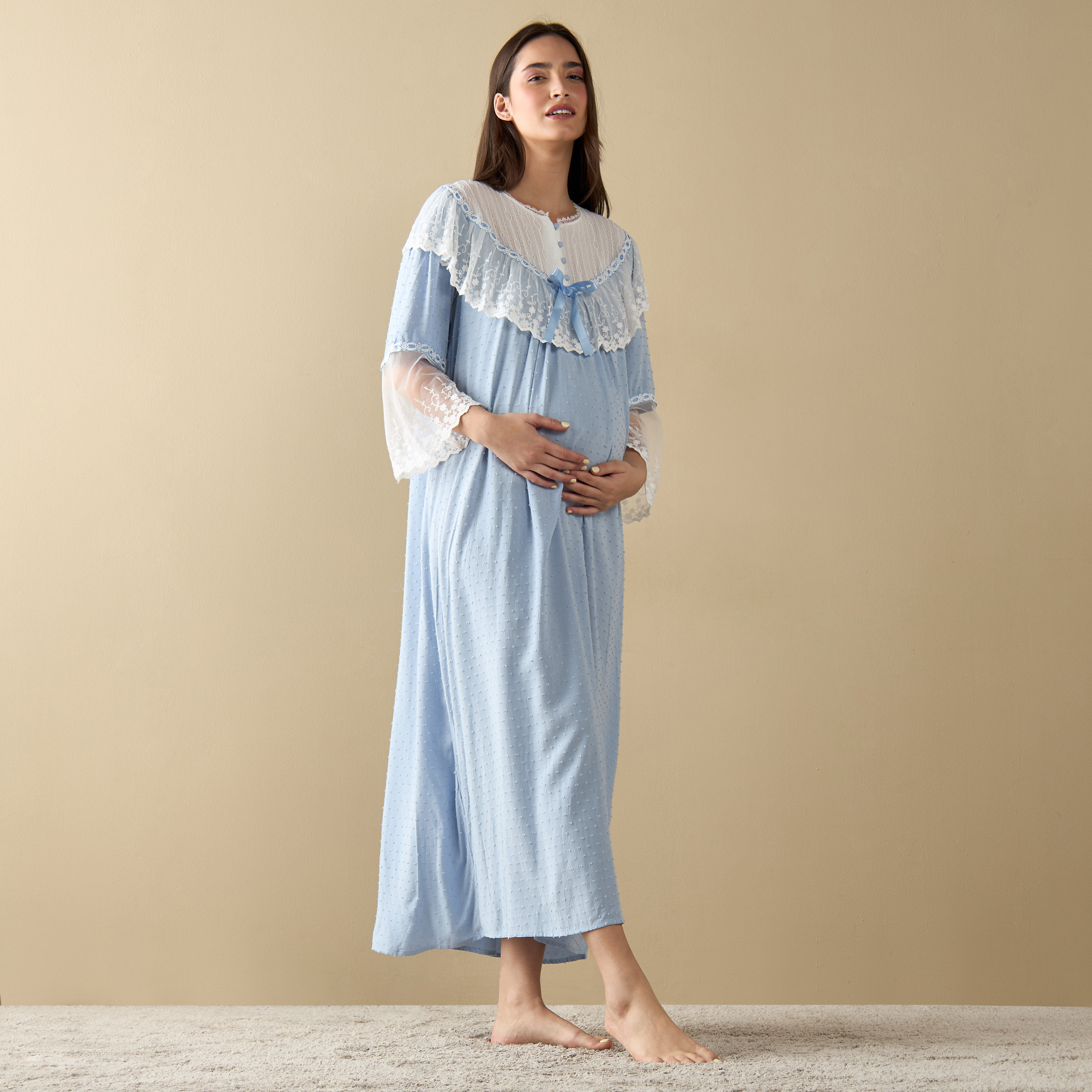 Lace Detail Maternity Night Gown with Long Sleeves