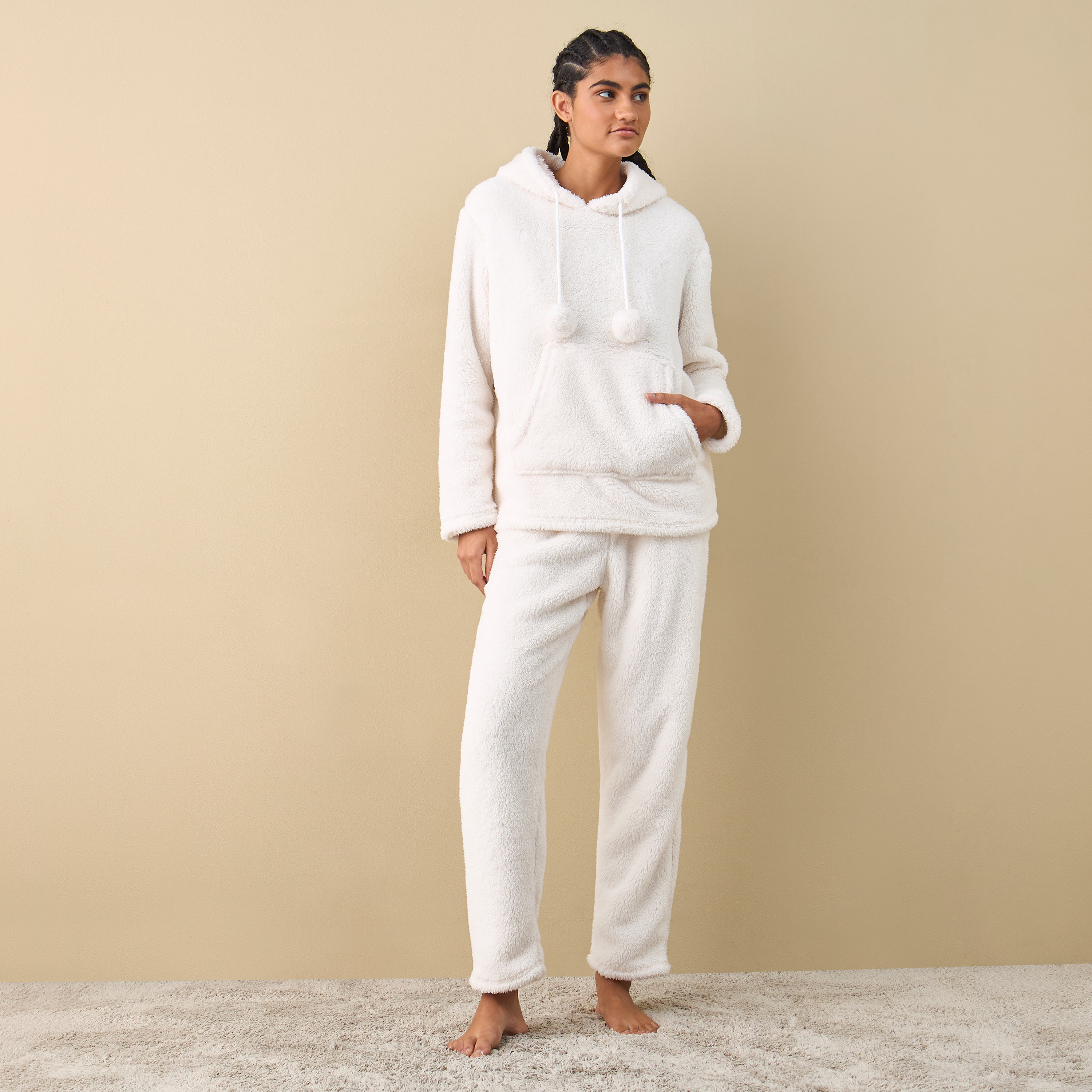 طقم بنطلون بيجاما وهودي بارز الملمس بأكمام طويلة-women-clothing-nightwear-pyjamas-longsets-image-1