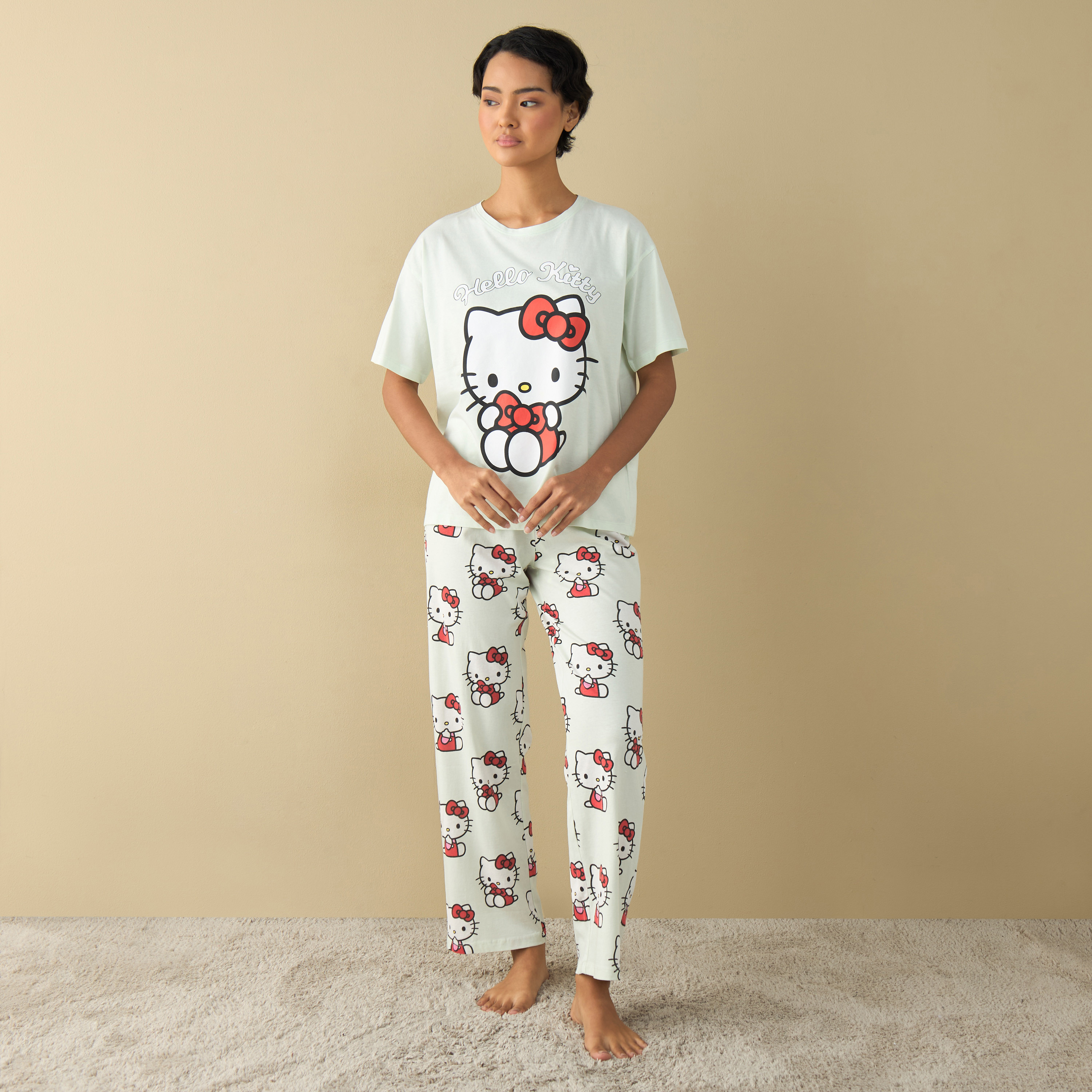 Hello Kitty Print T-shirt and Pyjama Set-women-clothing-nightwear-pyjamas-longsets-image-1