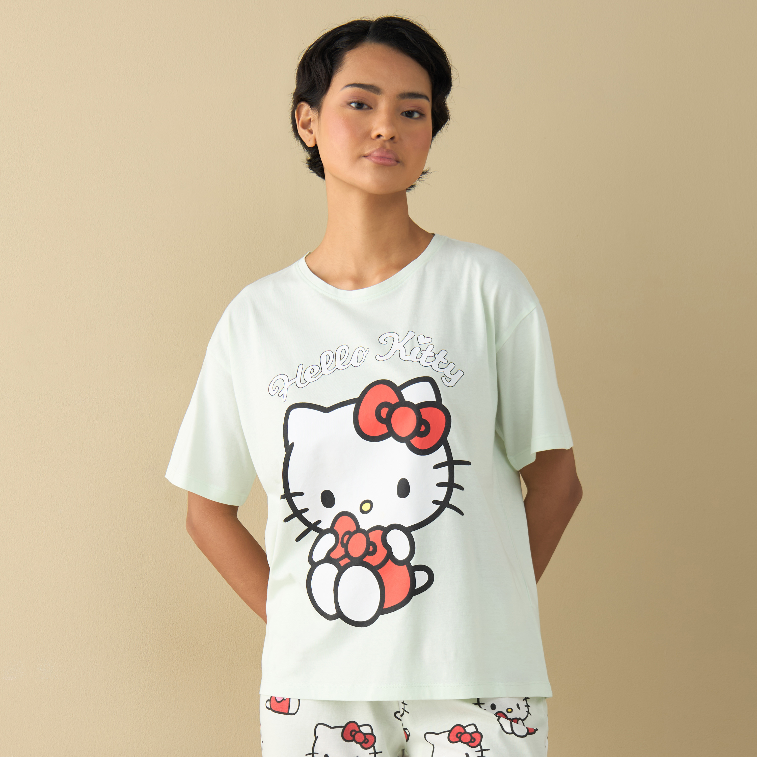 Hello Kitty Print T-shirt and Pyjama Set-women-clothing-nightwear-pyjamas-longsets-image-2