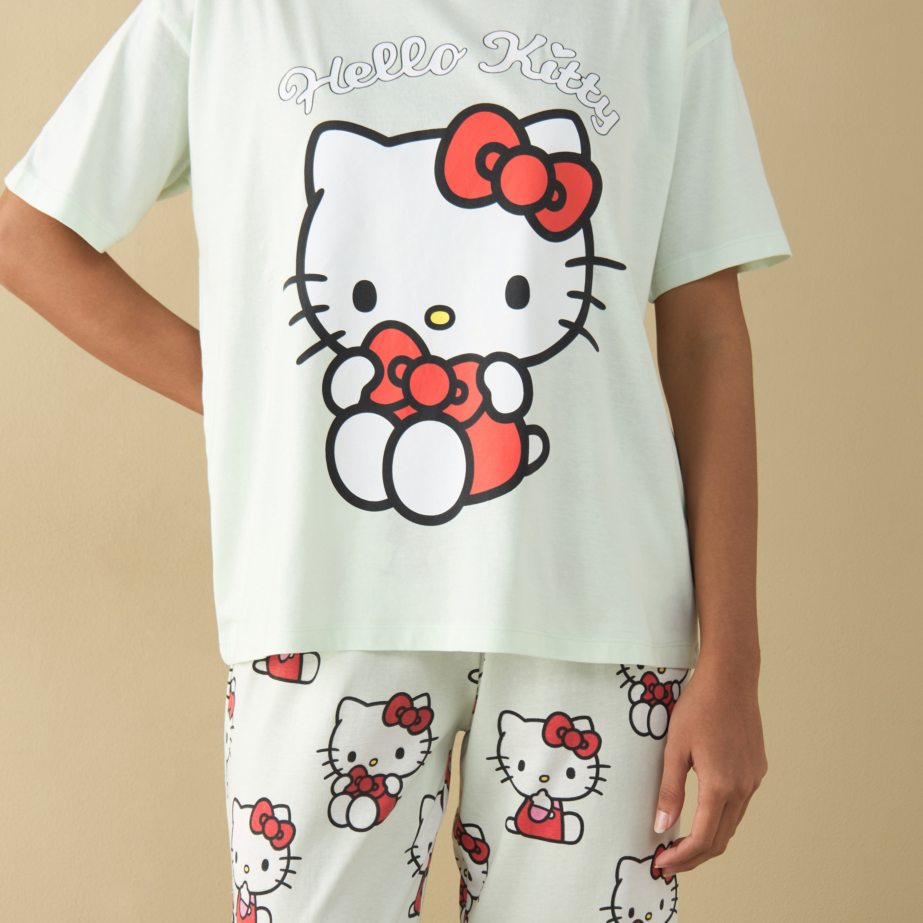 Hello Kitty Print T-shirt and Pyjama Set-women-clothing-nightwear-pyjamas-longsets-image-5