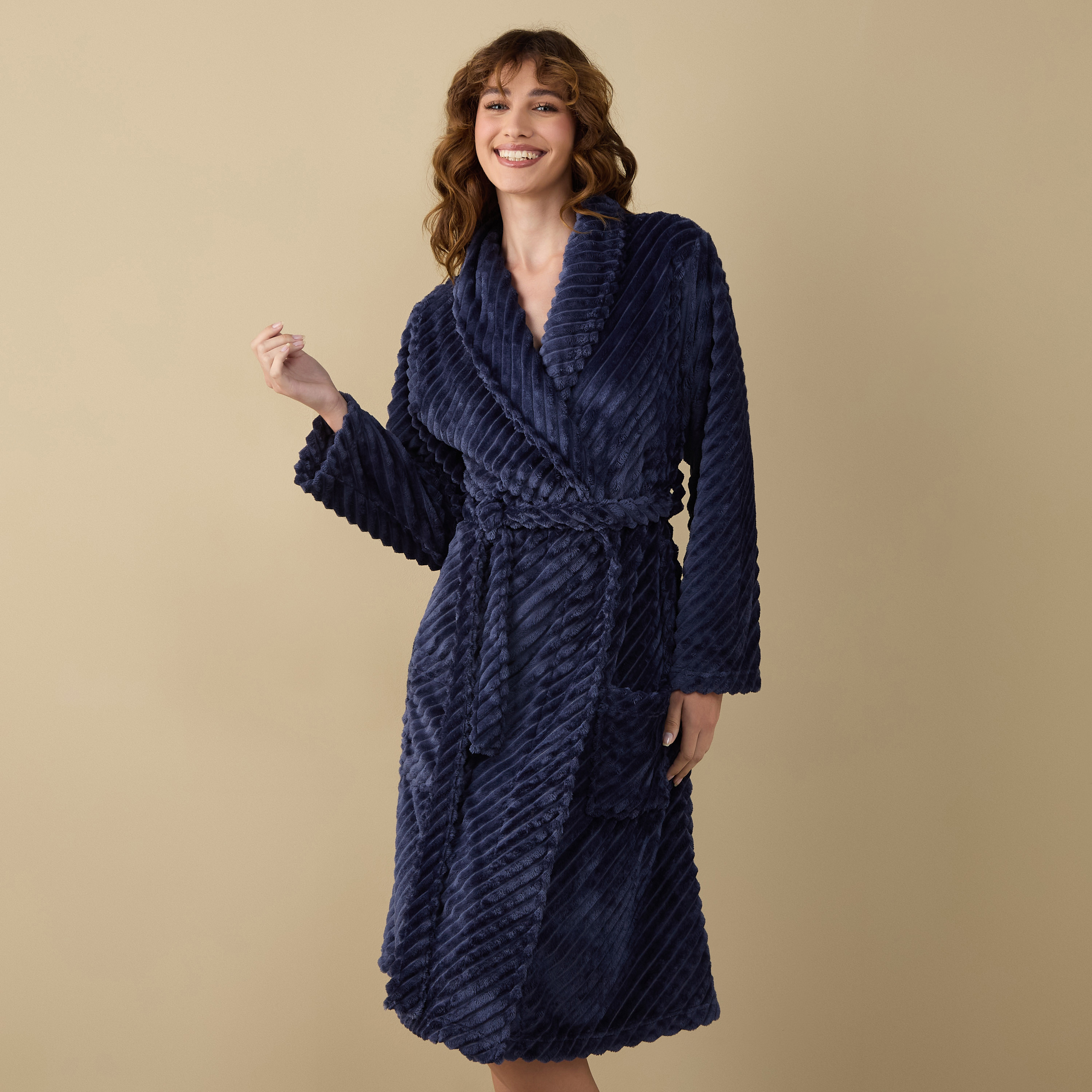 Buy Ribbed Fleece Bath Robe with Pockets and Tie-Up Belt Online ...