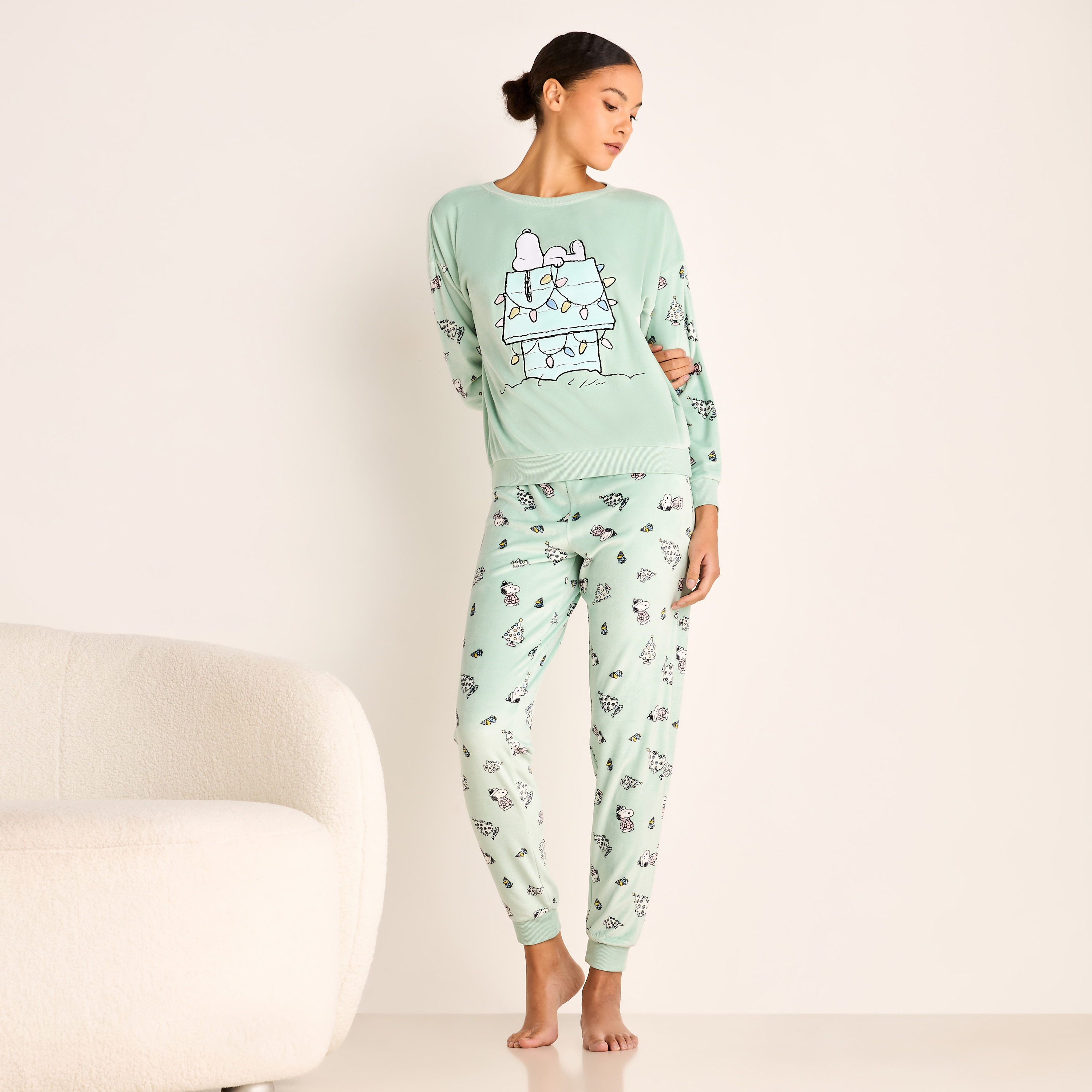 Snoopy Print Long Sleeve Sweatshirt and Elasticated Joggers Set-women-clothing-nightwear-pyjamas-longsets-image-1