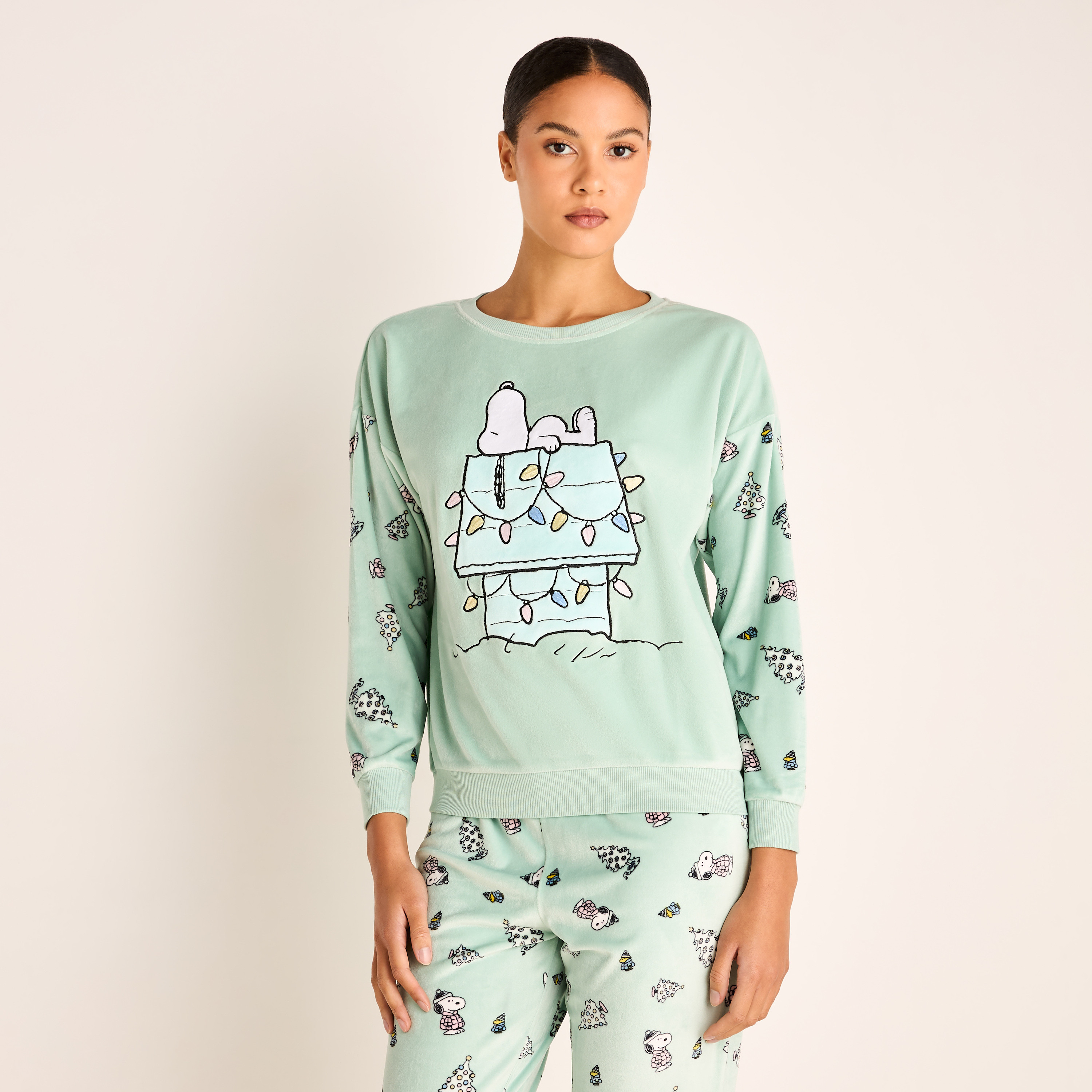 Snoopy Print Long Sleeve Sweatshirt and Elasticated Joggers Set-women-clothing-nightwear-pyjamas-longsets-image-2