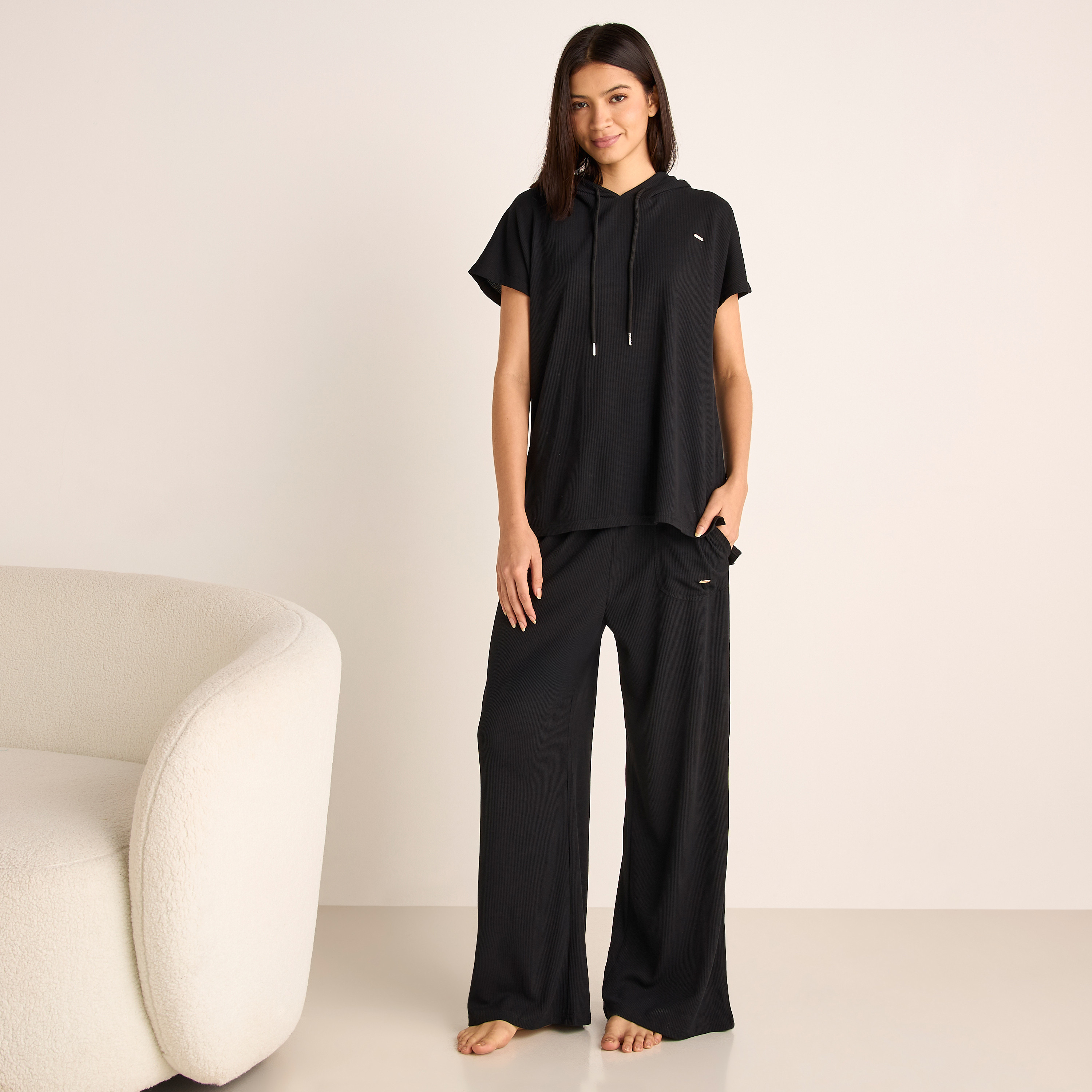 Ribbed Hooded T-shirt and Pyjama Set-women-clothing-nightwear-pyjamas-longsets-image-2
