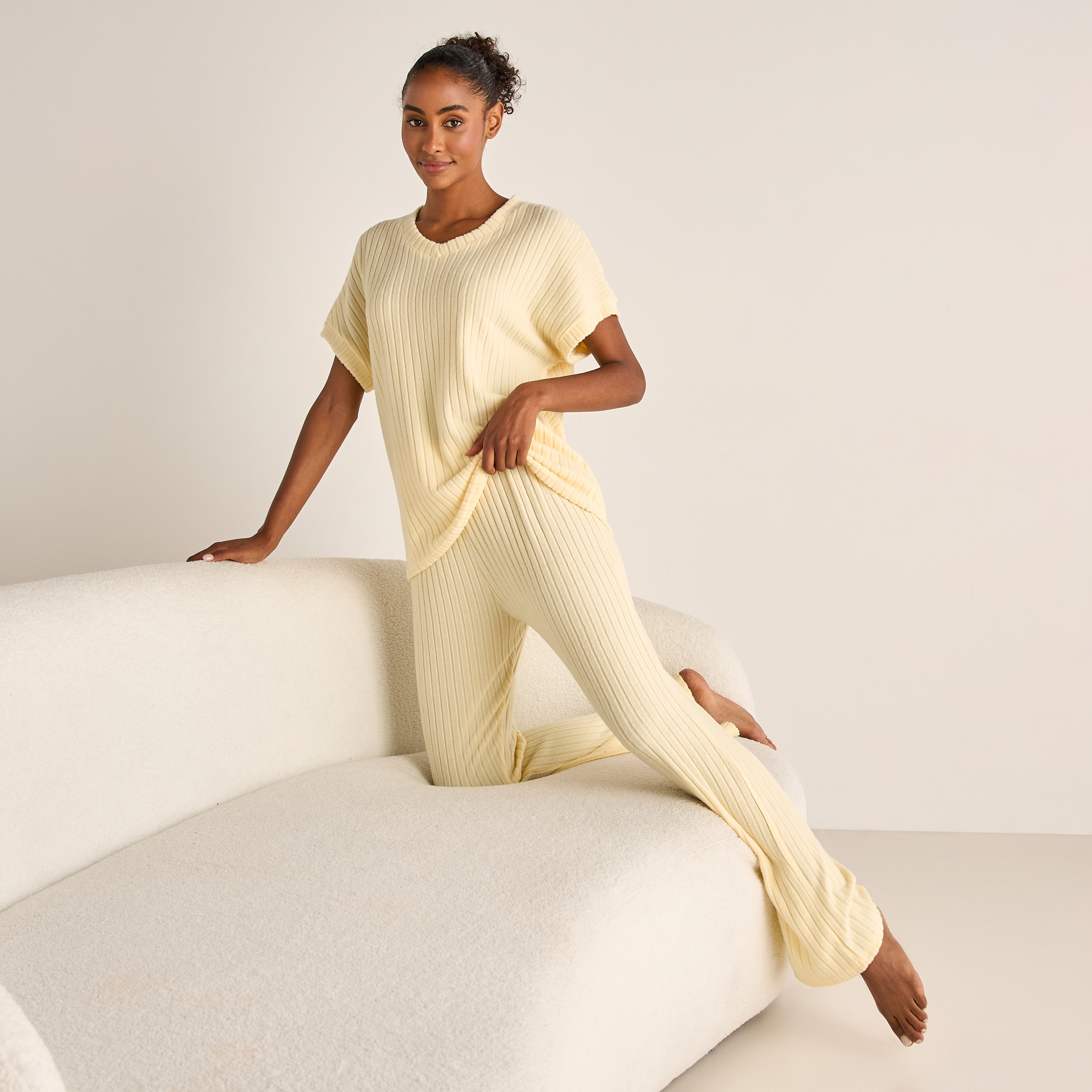 Ribbed V-neck Top and Elasticated Pyjama Set-women-clothing-nightwear-pyjamas-longsets-image-1