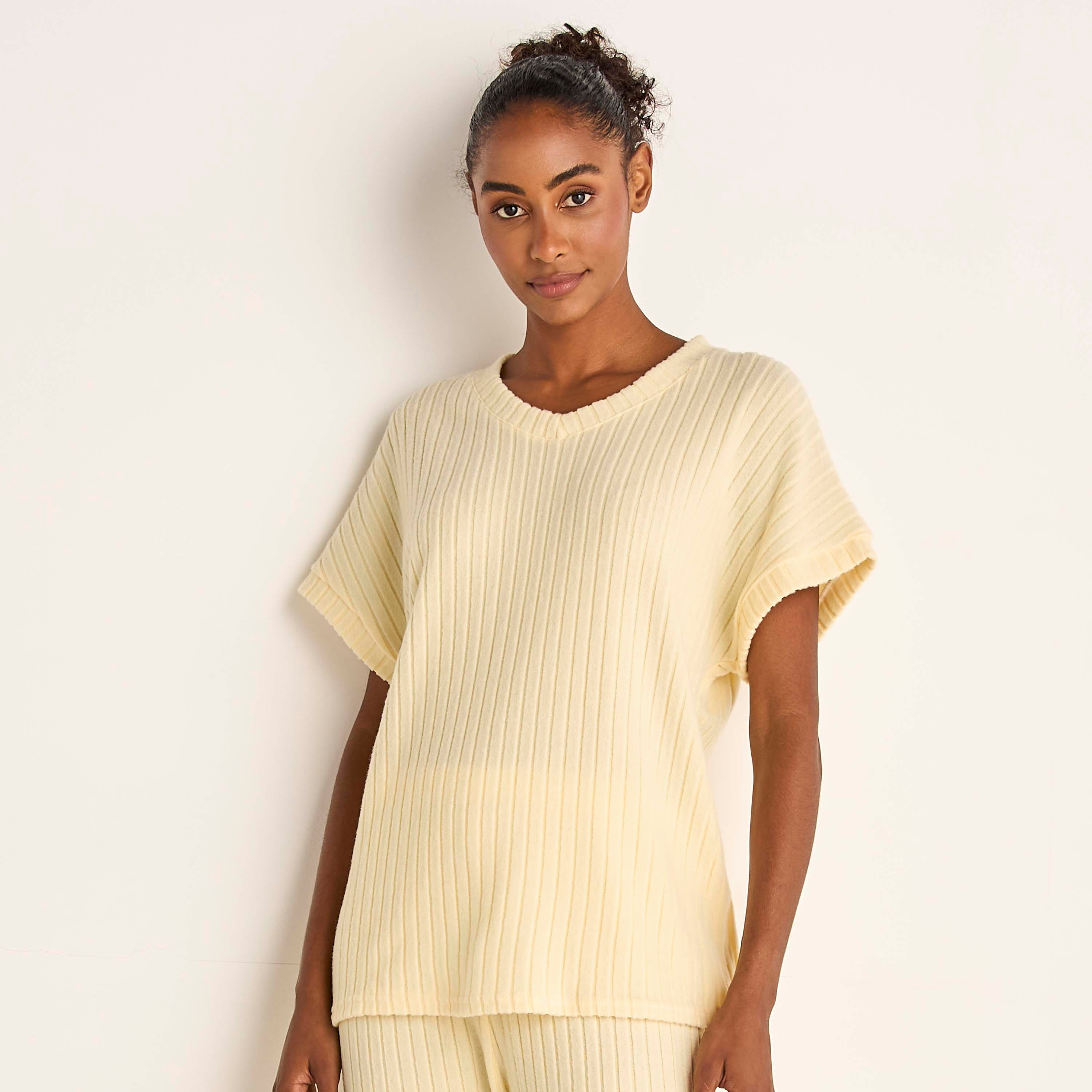 Ribbed V-neck Top and Elasticated Pyjama Set-women-clothing-nightwear-pyjamas-longsets-image-2