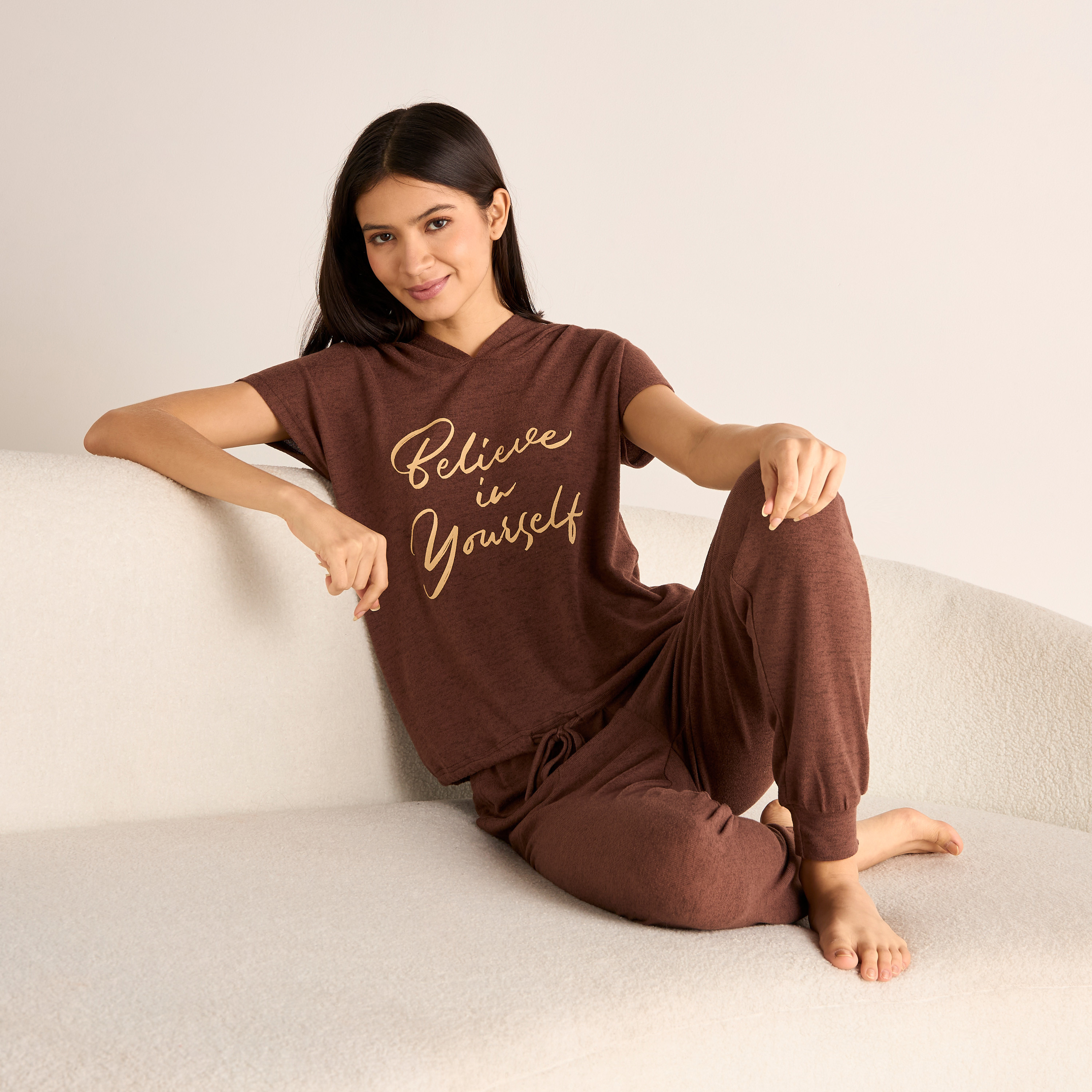 Slogan Print Hooded T-shirt and Elasticated Joggers Set-women-clothing-nightwear-pyjamas-longsets-image-1
