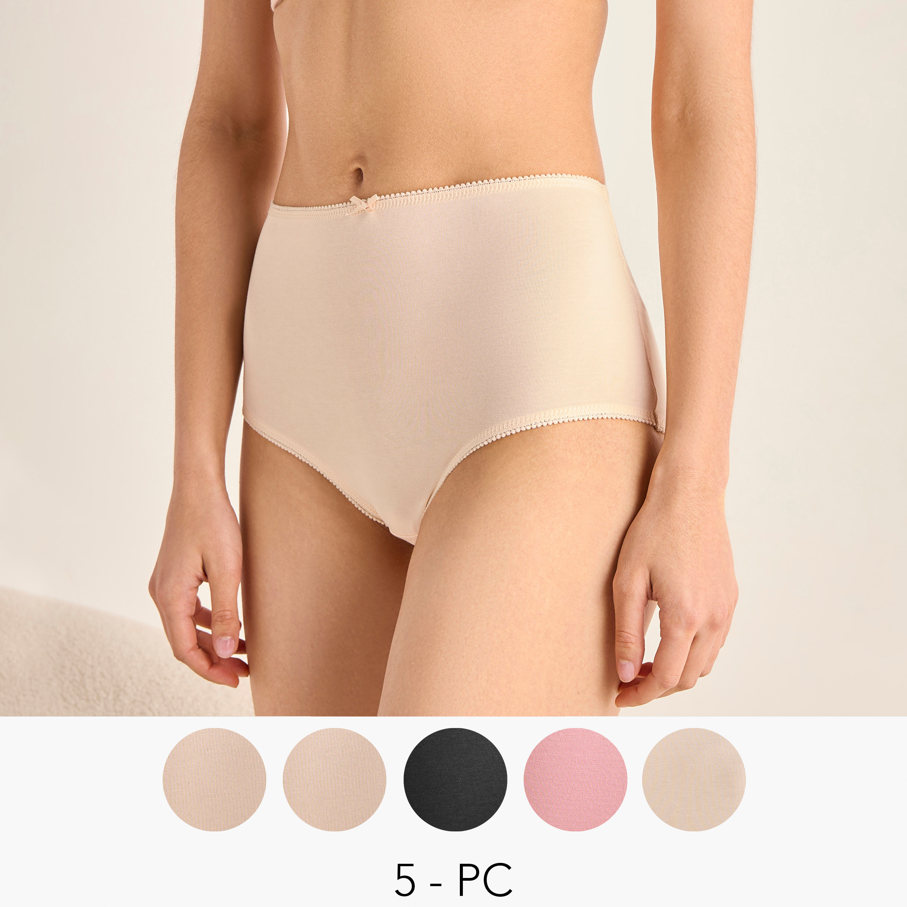 سراويل داخلية كاملة بتفاصيل فيونكة وخصر مطاطي - طقم من 5 أزواج-women-clothing-lingerie-panties-image-1