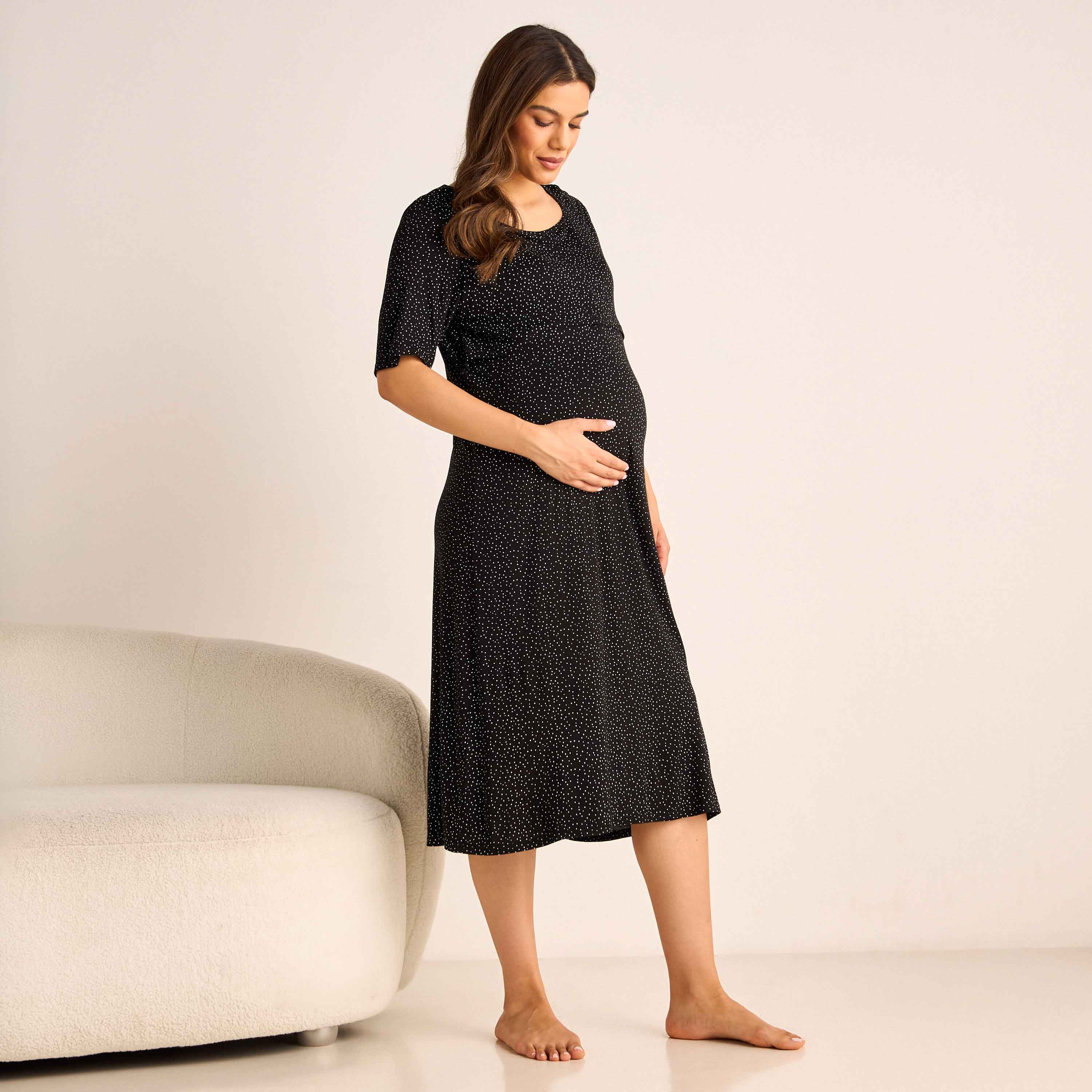 Printed Maternity Night Dress with Round Neck and Short Sleeves-women-clothing-maternity-nightwear-image-1