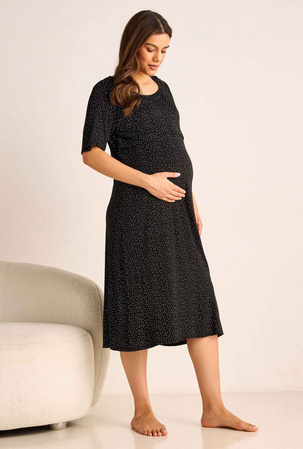 Printed Maternity Night Dress with Round Neck and Short Sleeves-women-image-1