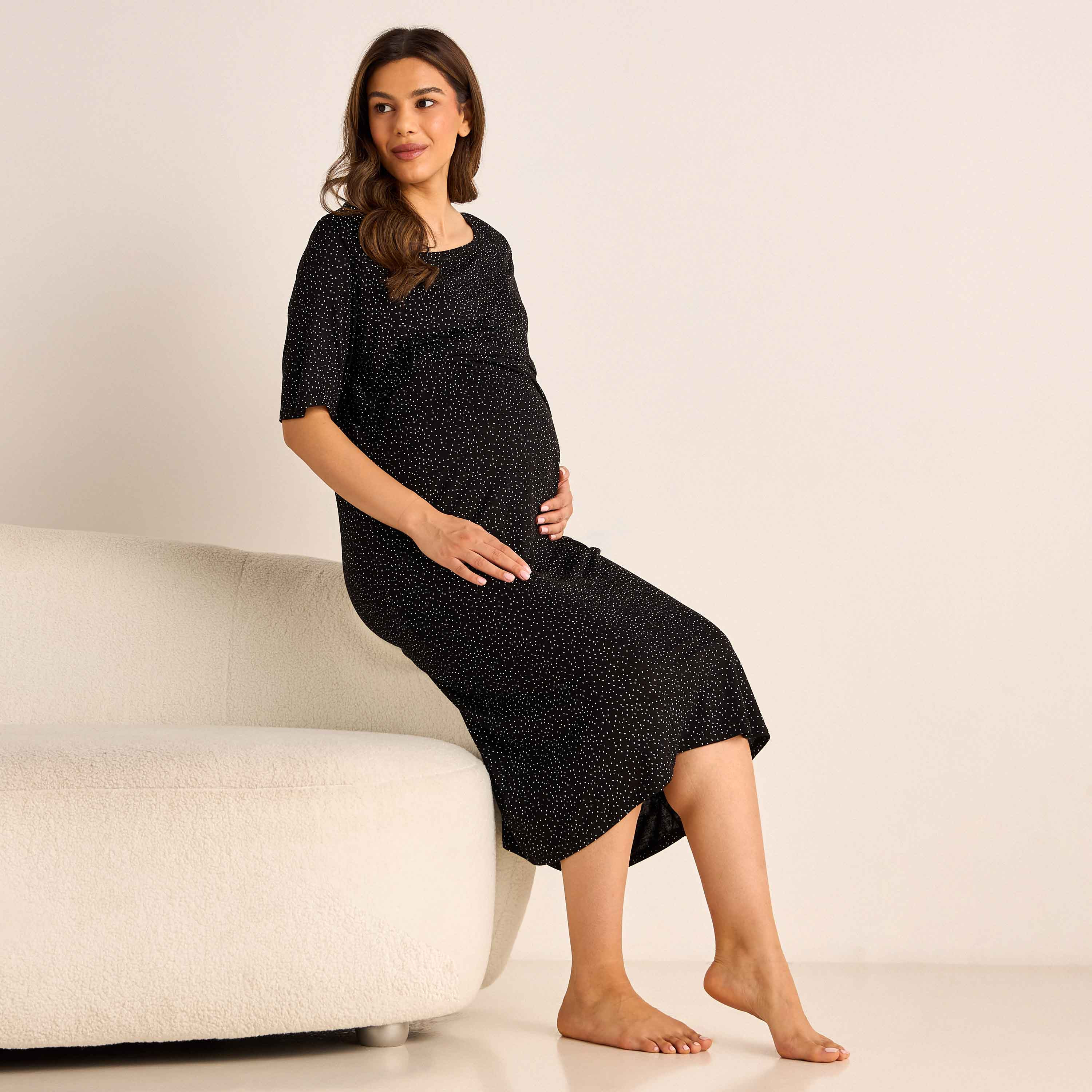 Printed Maternity Night Dress with Round Neck and Short Sleeves-women-clothing-maternity-nightwear-image-2