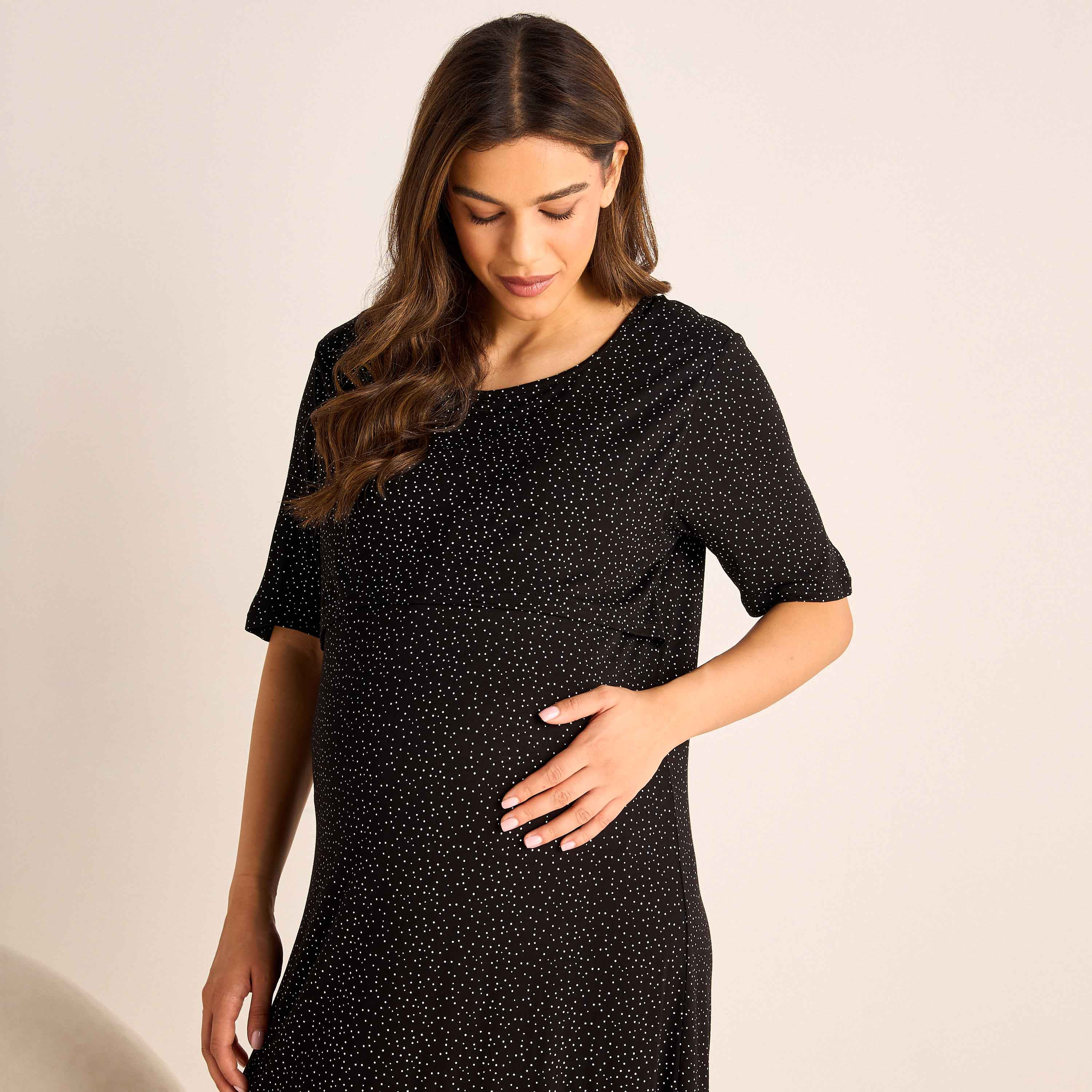 Printed Maternity Night Dress with Round Neck and Short Sleeves-women-clothing-maternity-nightwear-image-4