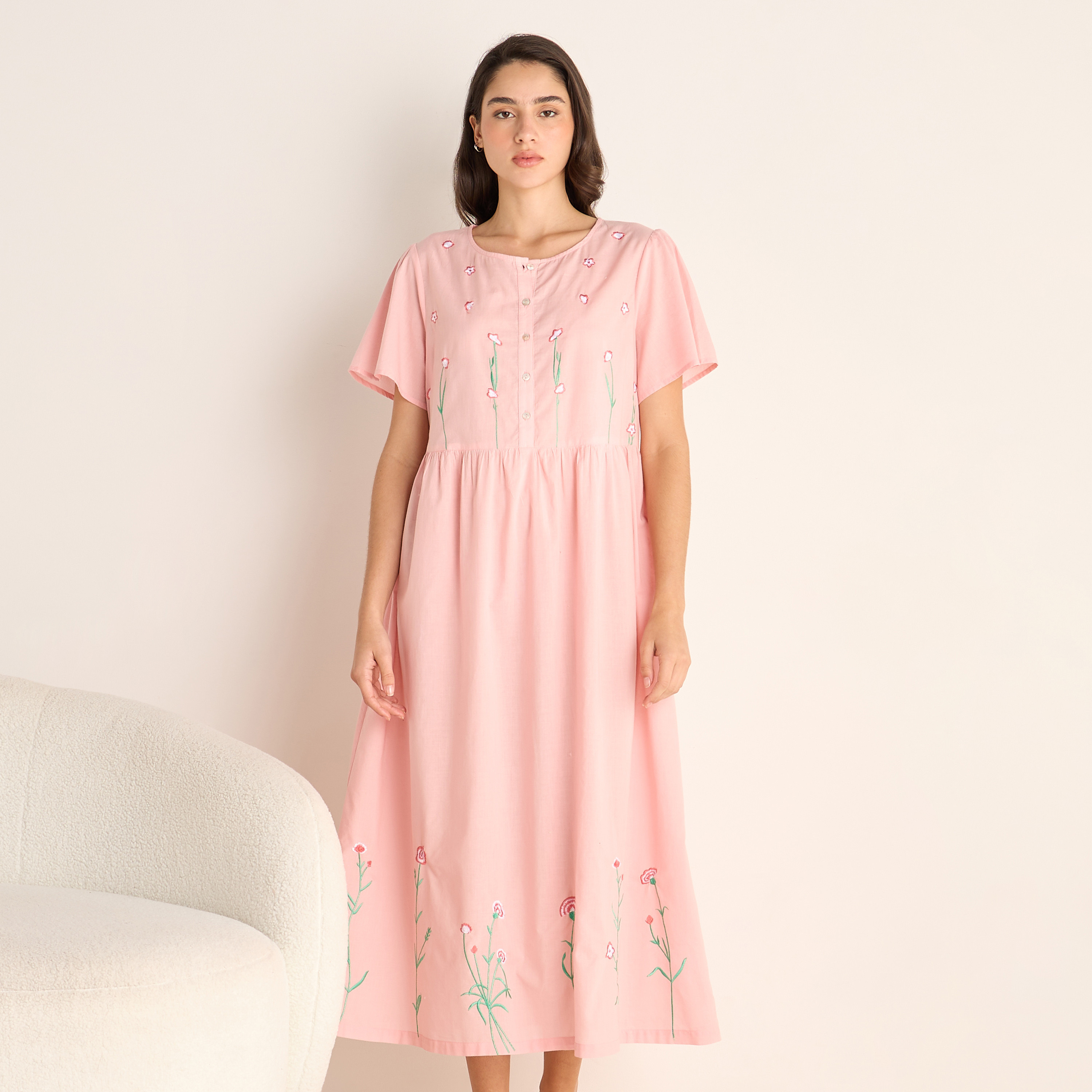 Embroidered Night Dress with Round Neck and Short Sleeves-women-clothing-nightwear-nighties-image-1
