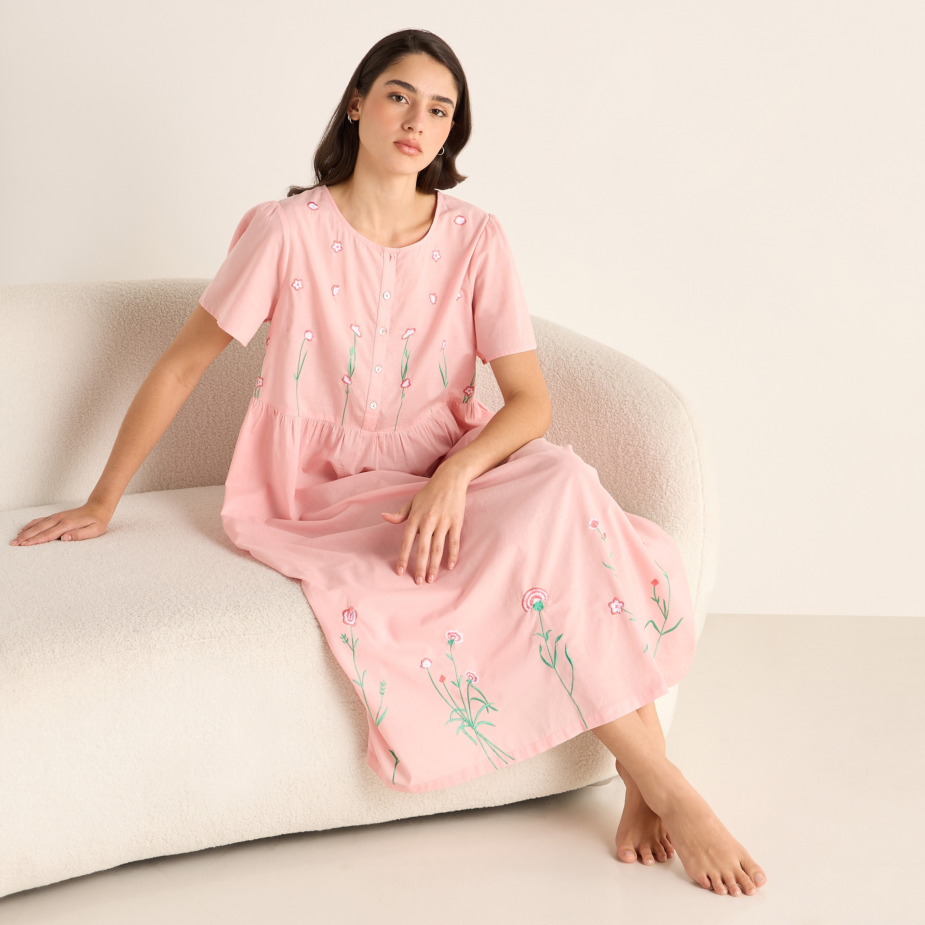 Embroidered Night Dress with Round Neck and Short Sleeves-women-clothing-nightwear-nighties-image-2
