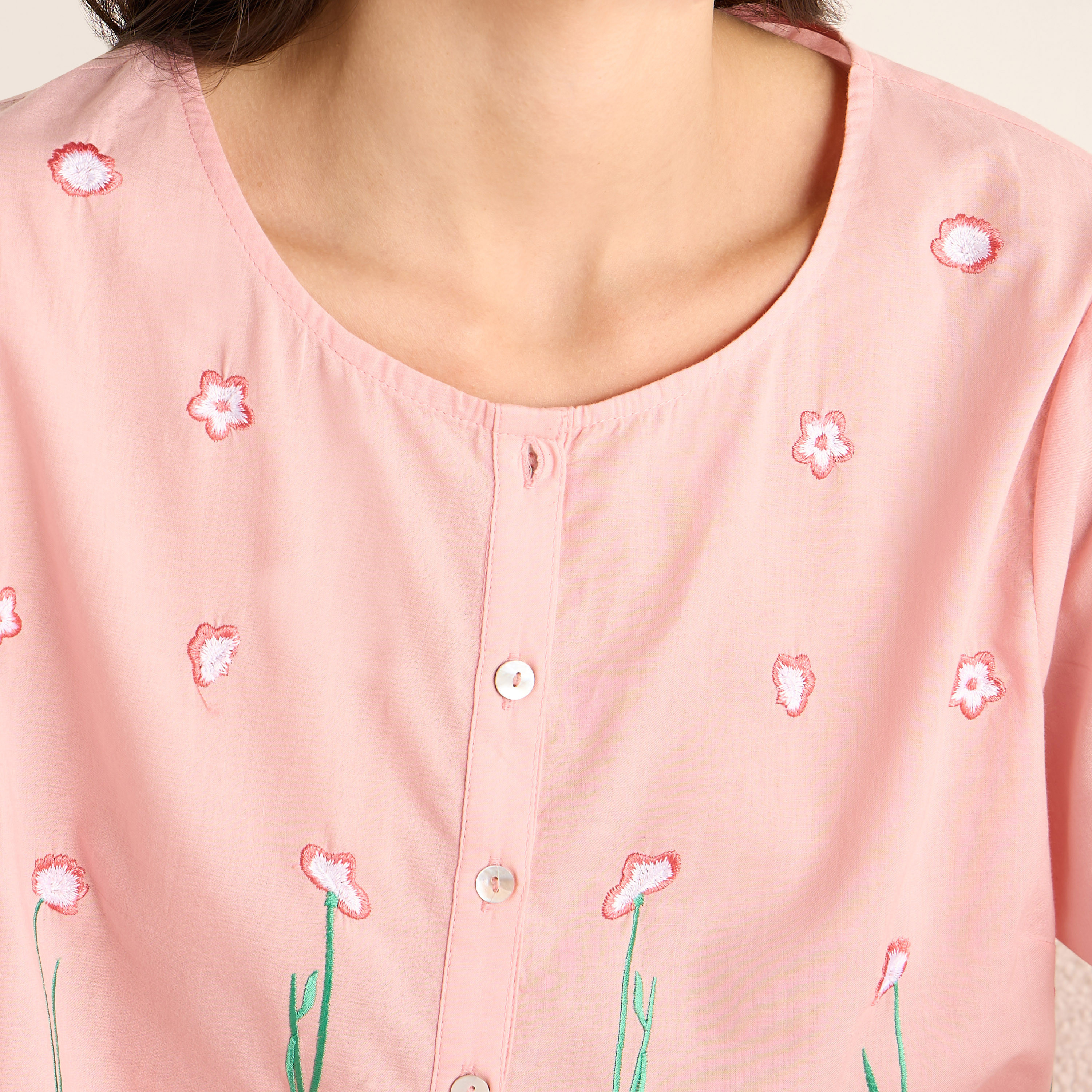 Embroidered Night Dress with Round Neck and Short Sleeves-women-clothing-nightwear-nighties-image-4