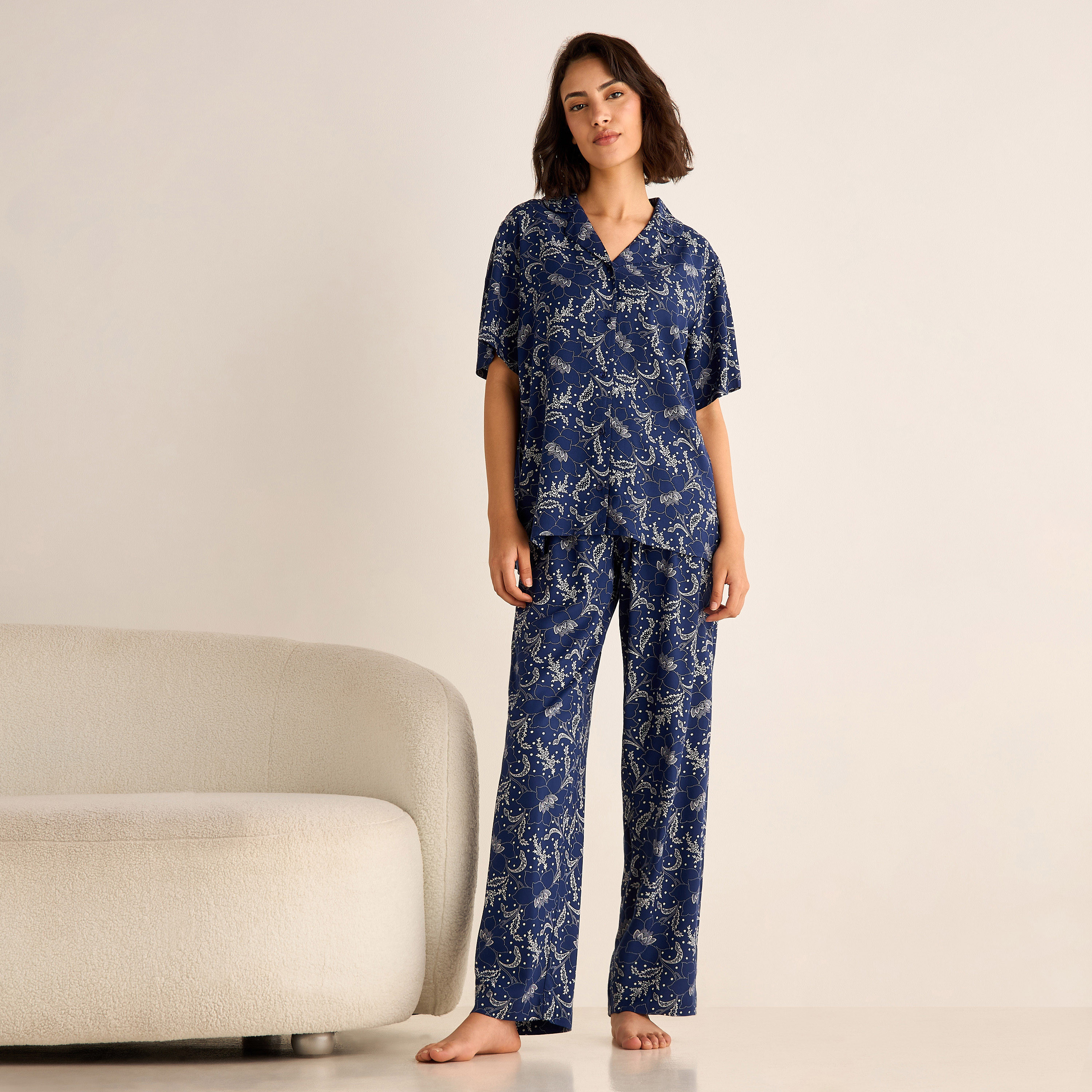 Shop All-Over Floral Print Shirt and Pyjama Set Online | Splash UAE