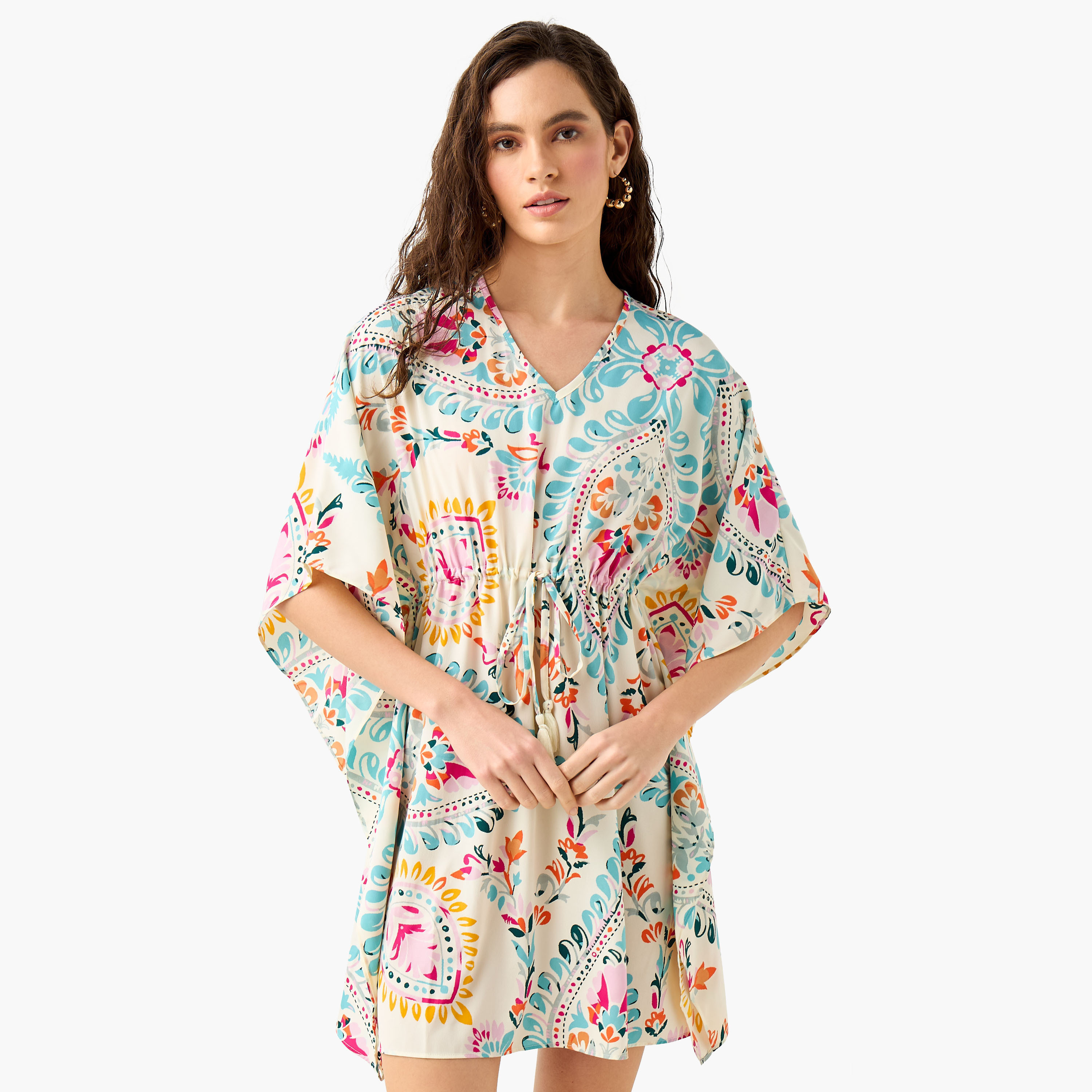 Printed Kaftan Cover Up with Tie-Up and V-neck-women-clothing-swimandbeach-beachwear-image-1