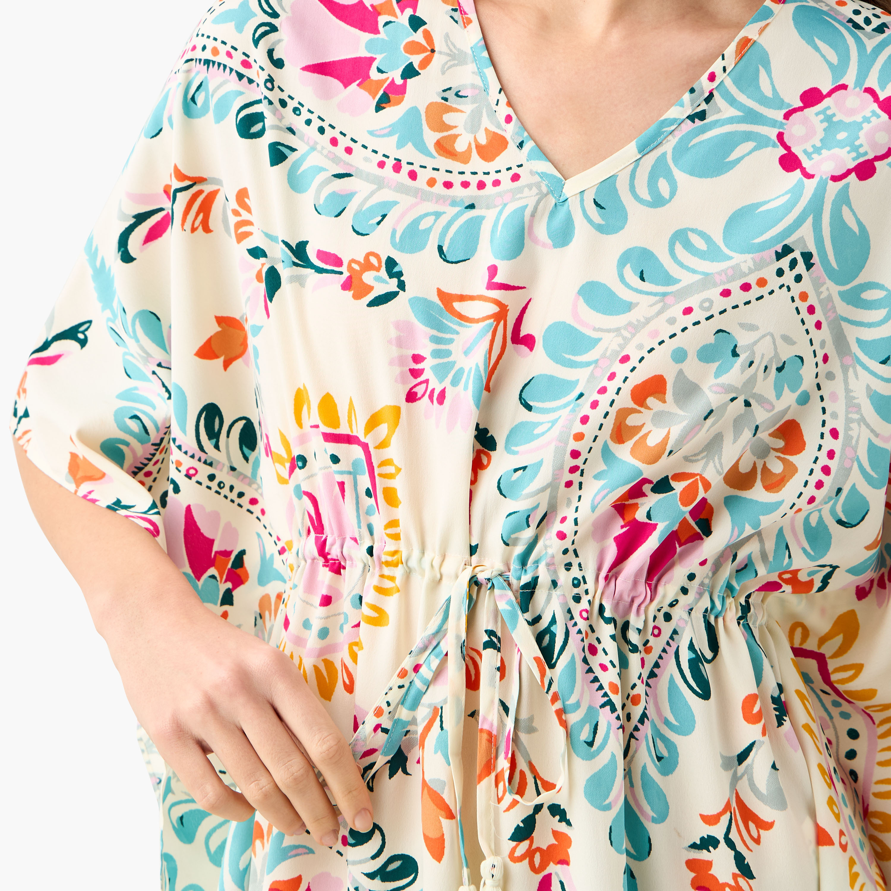 Printed Kaftan Cover Up with Tie-Up and V-neck-women-clothing-swimandbeach-beachwear-image-4