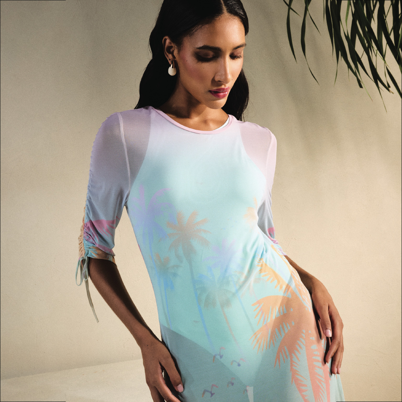 Tropical Print Cover-Up with Ruched Detail-women-clothing-swimandbeach-beachwear-image-1