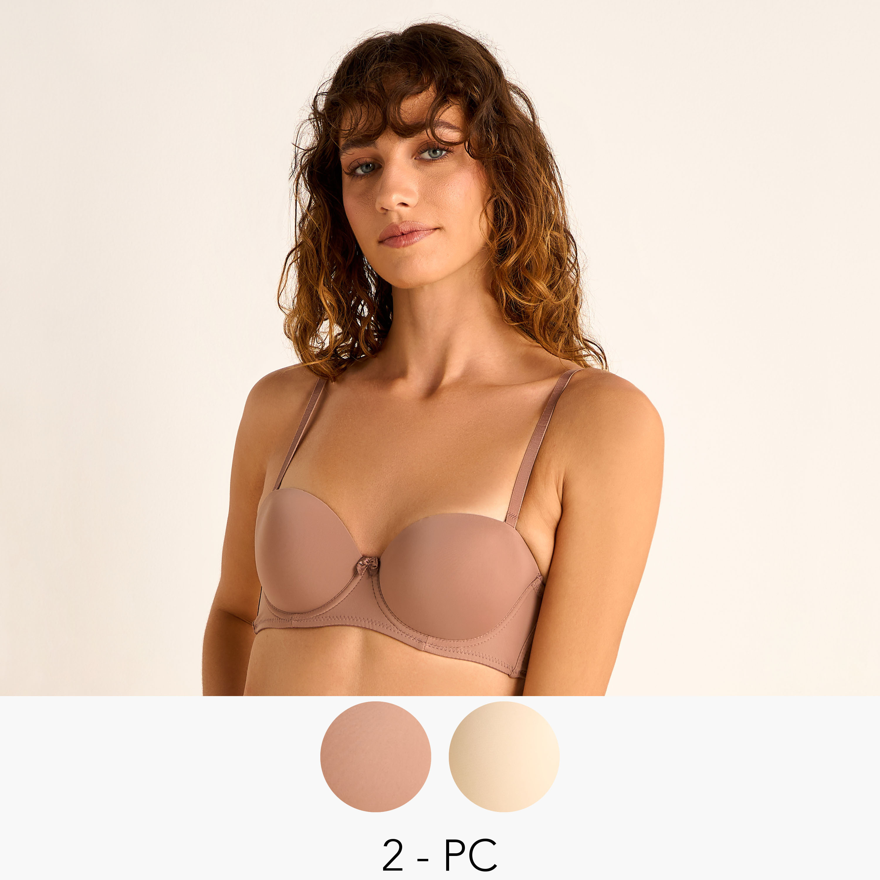 Set of 2 - Bow Detail Wired Balconette Bra with Hook and Eye Closure-women-clothing-lingerie-bras-image-1
