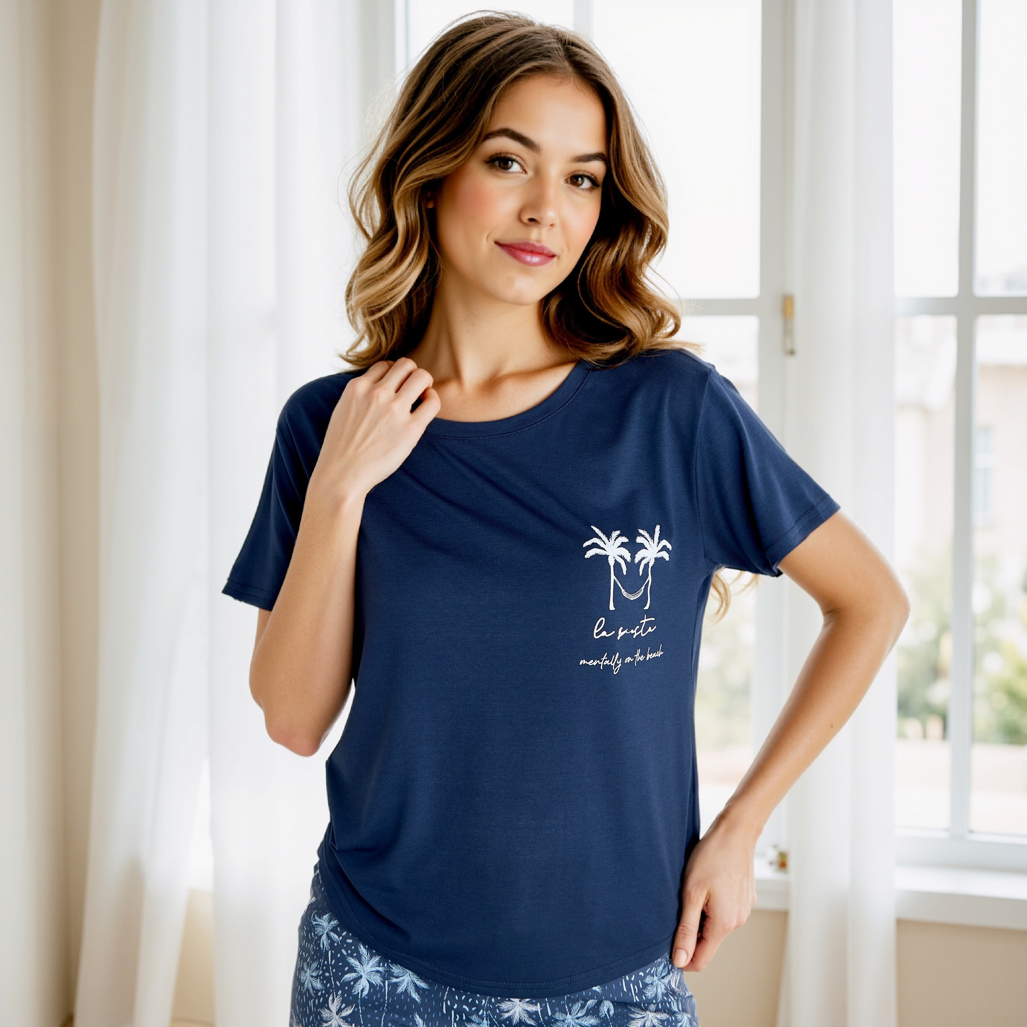 طقم بنطلون بيجاما وتيشيرت فيسكوز بطبعات جرافيك-women-clothing-nightwear-pyjamas-longsets-image-2