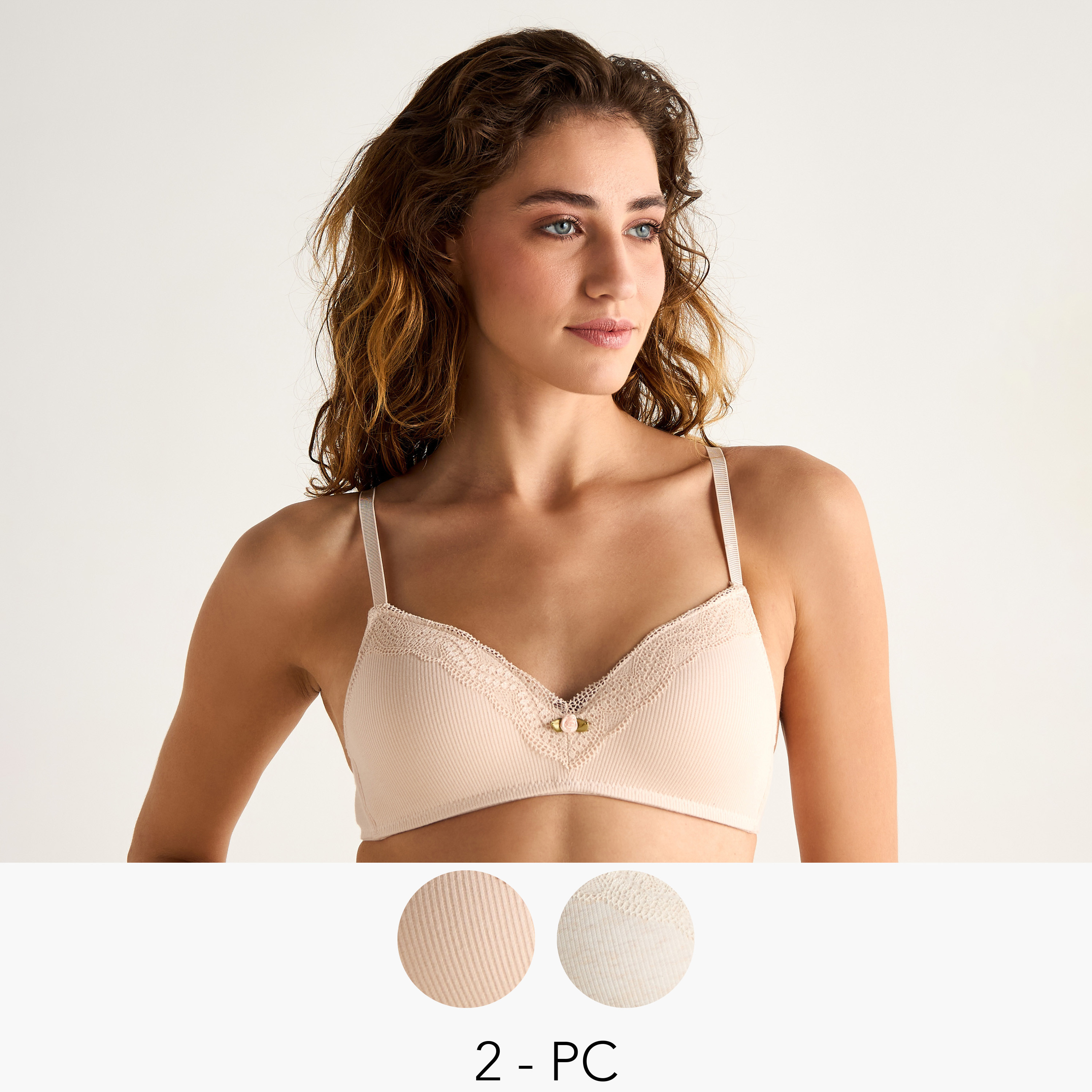 Set of 2 - Lace Detail Ribbed Bra with Hook and Eye Closure-women-clothing-lingerie-bras-image-1