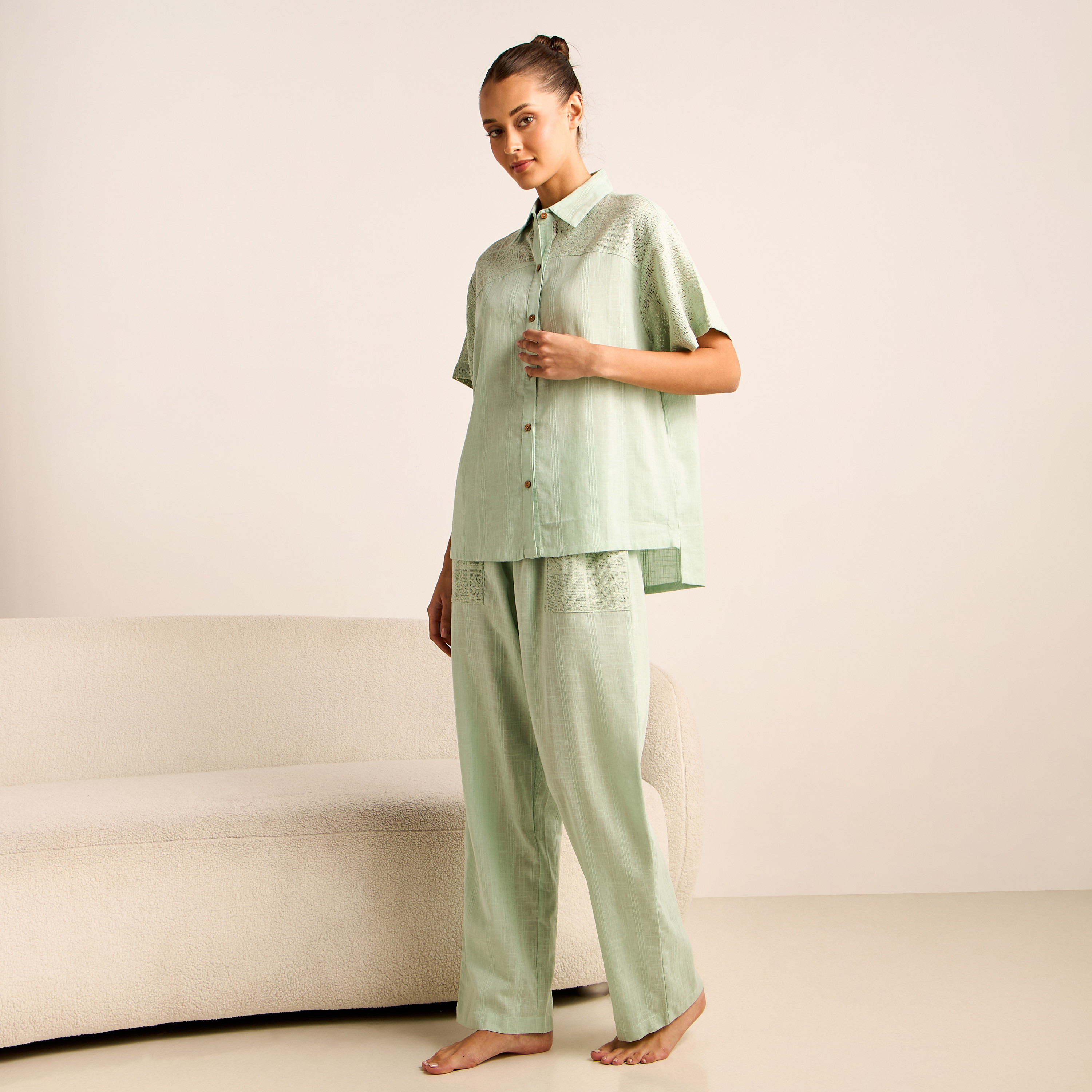 Crochet Detail Shirt and Pyjama Set-women-clothing-nightwear-pyjamas-longsets-image-2