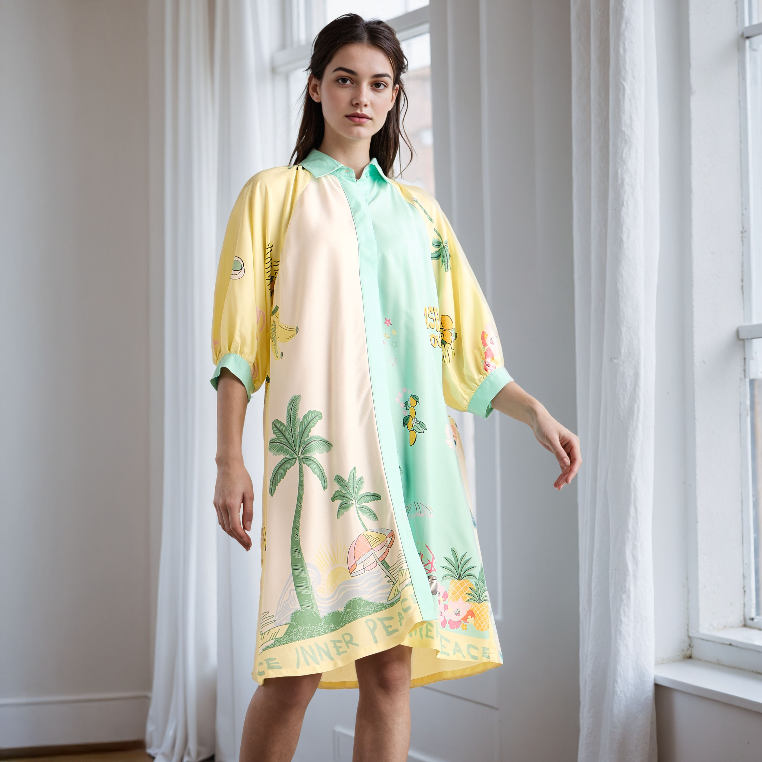 All-Over Print Viscose Sleepshirt with Collar and 3/4 Sleeves-women-clothing-nightwear-nighties-image-1