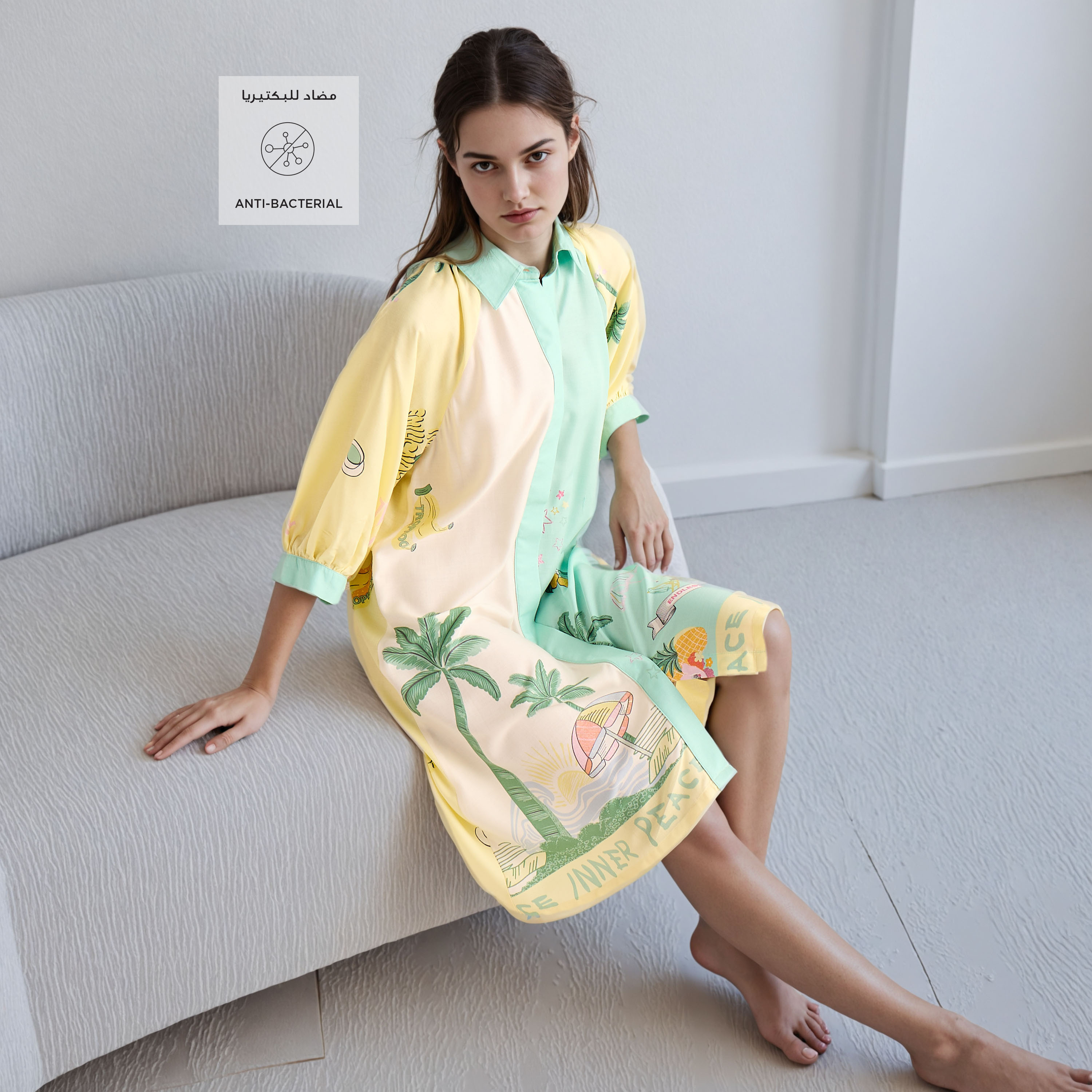 All-Over Print Viscose Sleepshirt with Collar and 3/4 Sleeves-women-clothing-nightwear-nighties-image-2
