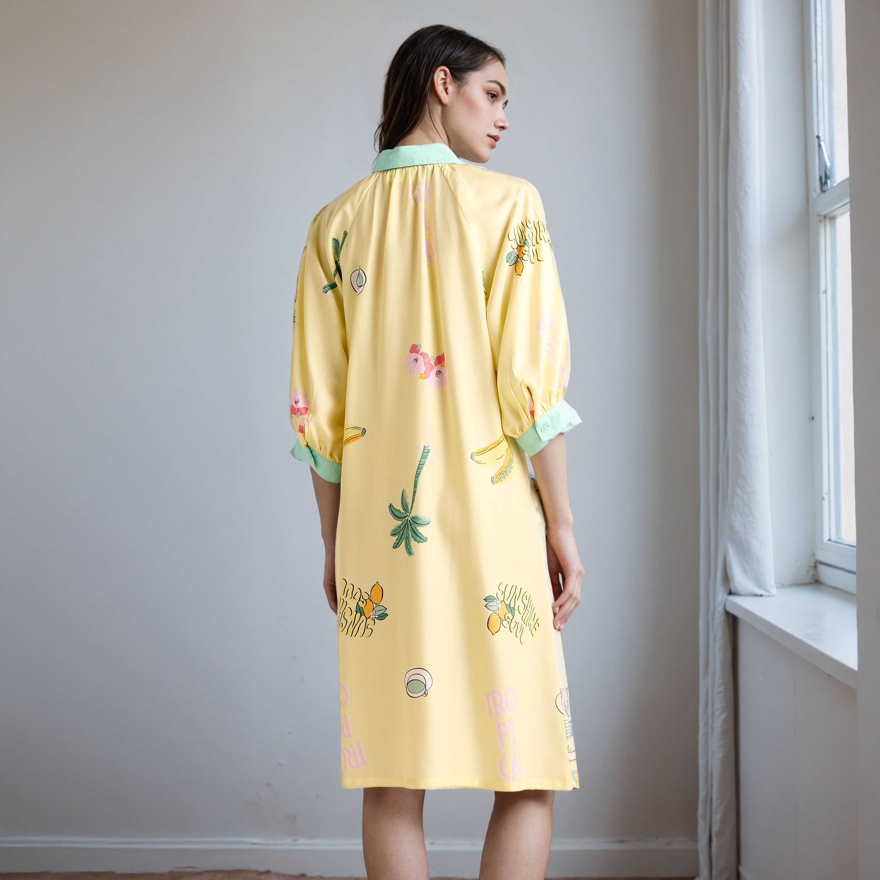 All-Over Print Viscose Sleepshirt with Collar and 3/4 Sleeves-women-clothing-nightwear-nighties-image-3