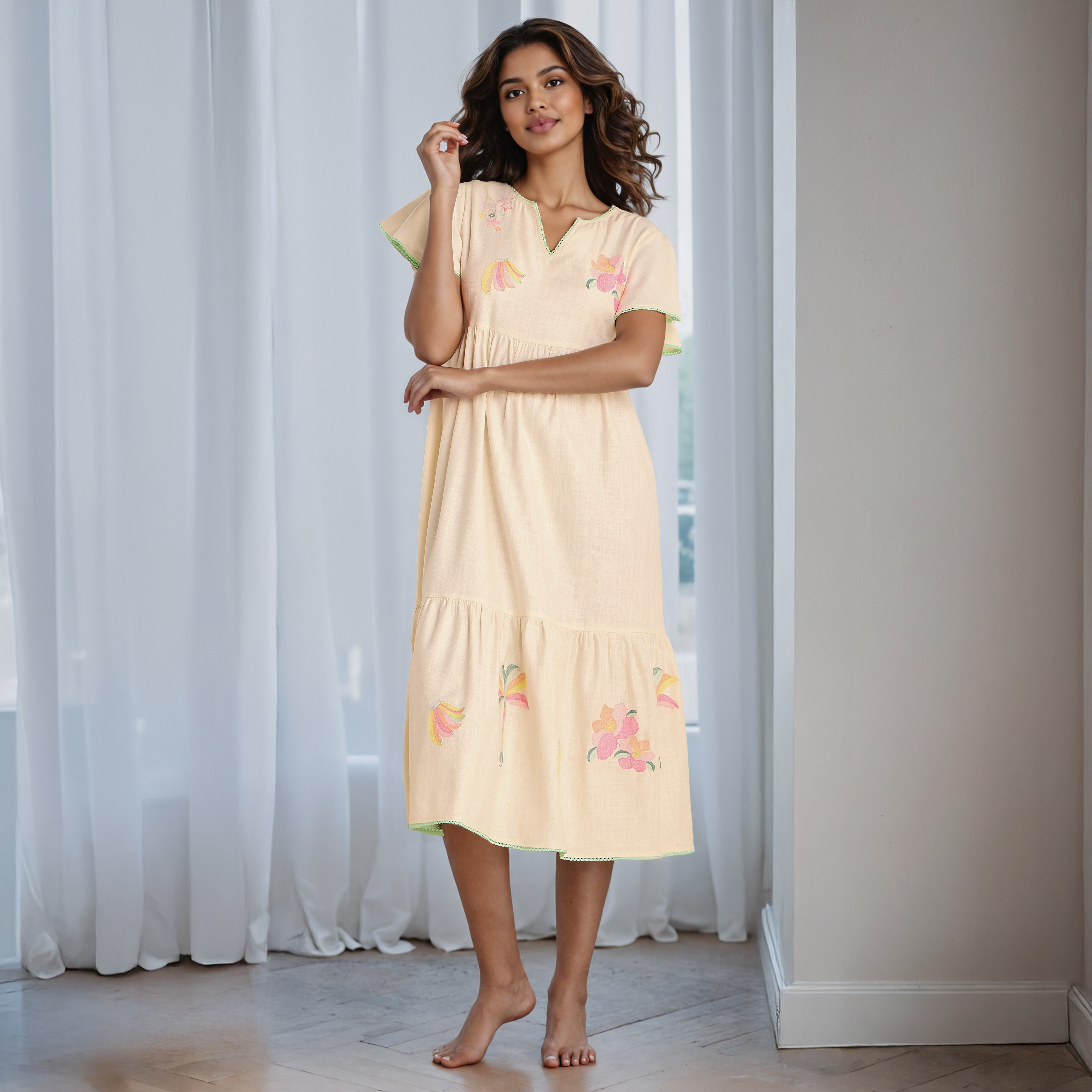 Embroidered Tiered Viscose Night Dress with Short Flared Sleeves-women-clothing-nightwear-nighties-image-1