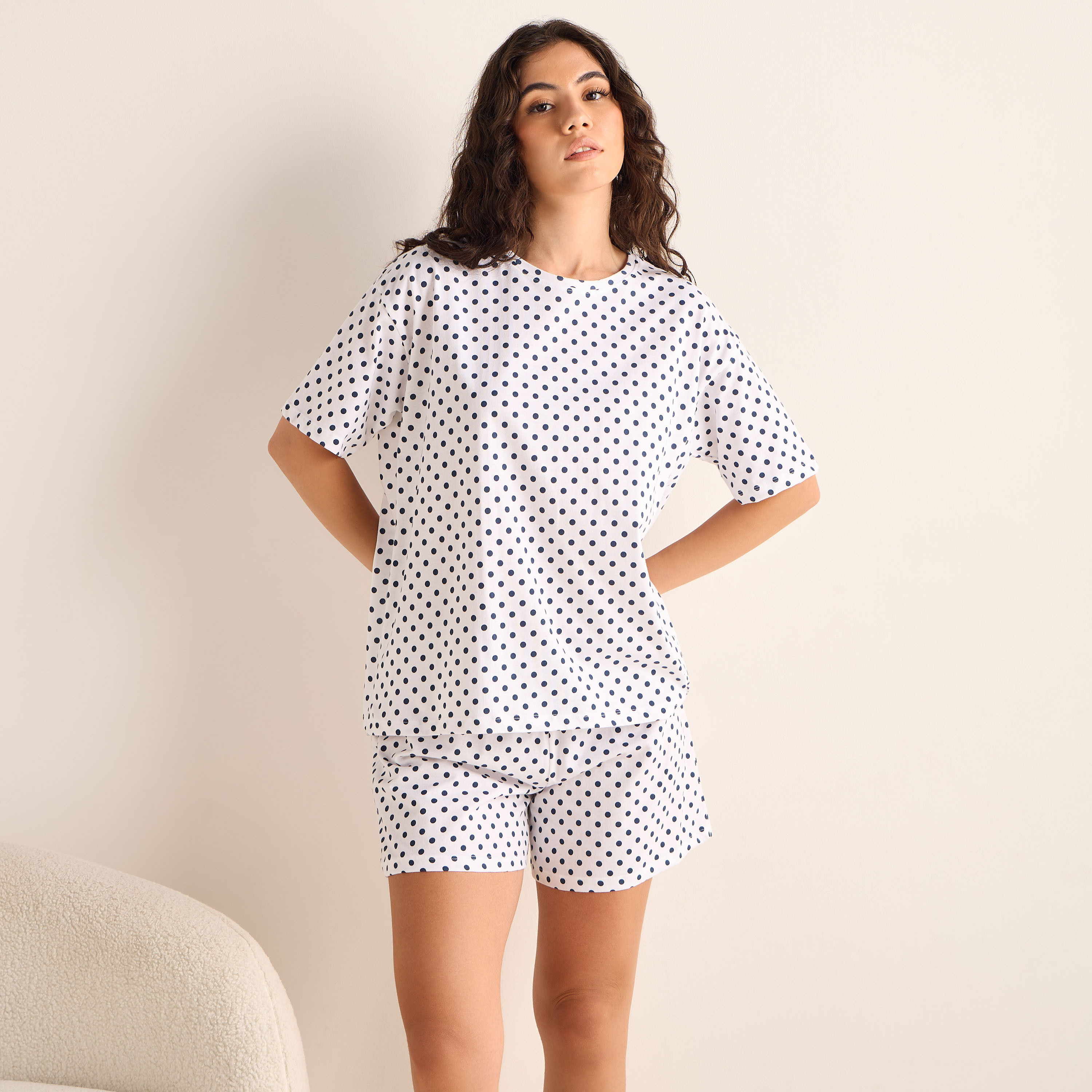 Polka Dot Print T-shirt and Short Set-women-clothing-nightwear-pyjamas-shortsets-image-1