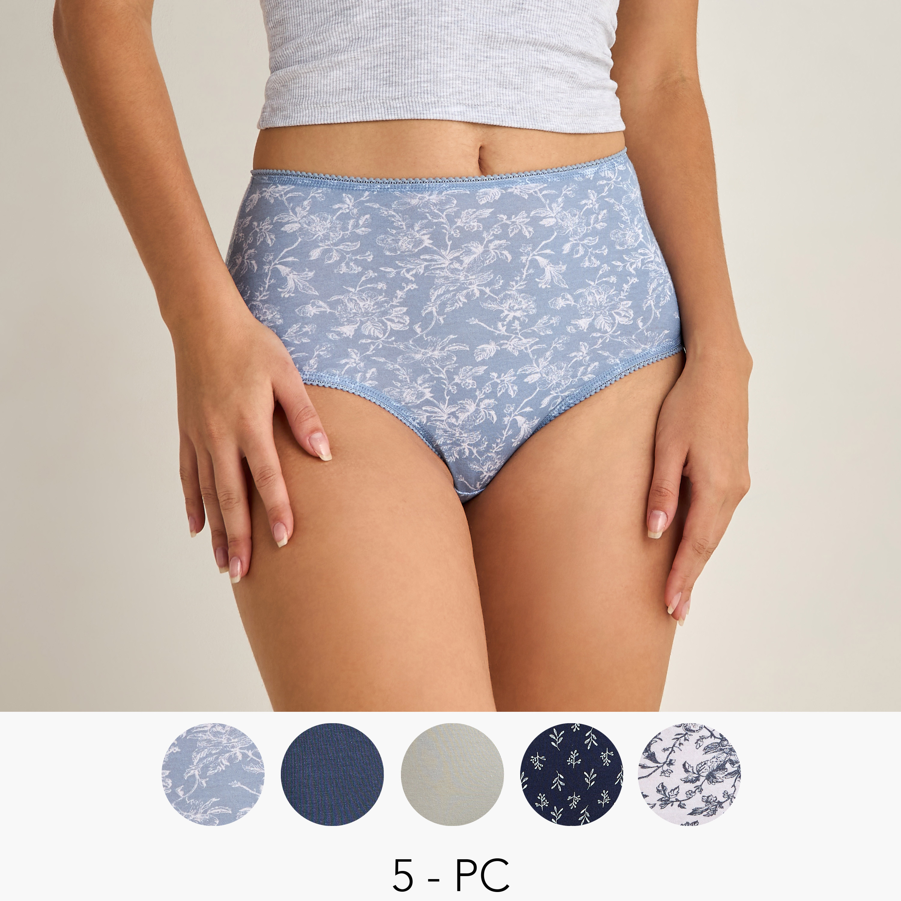 سراويل داخلية كاملة متنوعة بخصر مطاطي - طقم من 5 قطع-women-clothing-lingerie-panties-image-1
