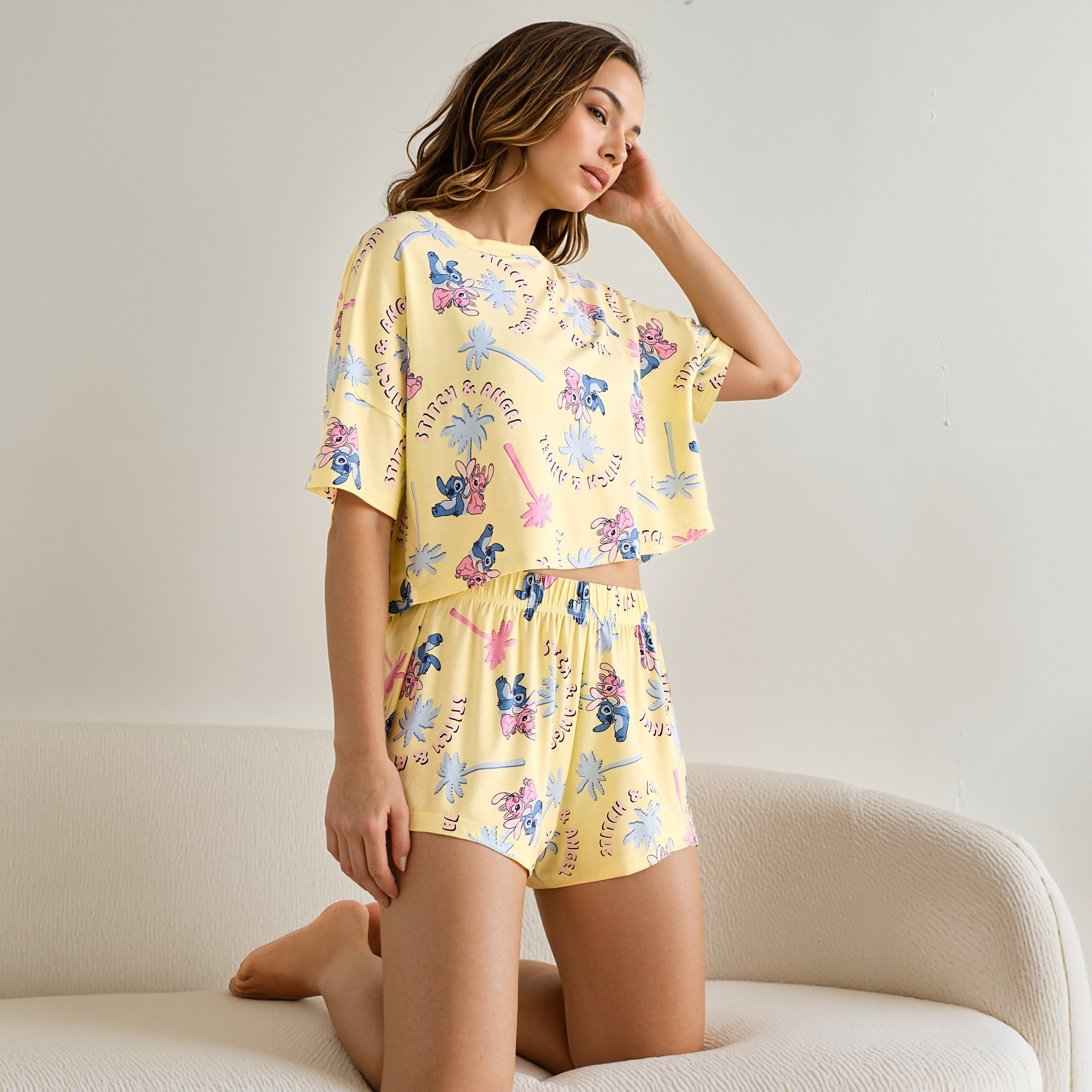 Angel and Stitch Print Shorts Set-women-clothing-nightwear-pyjamas-shortsets-image-1