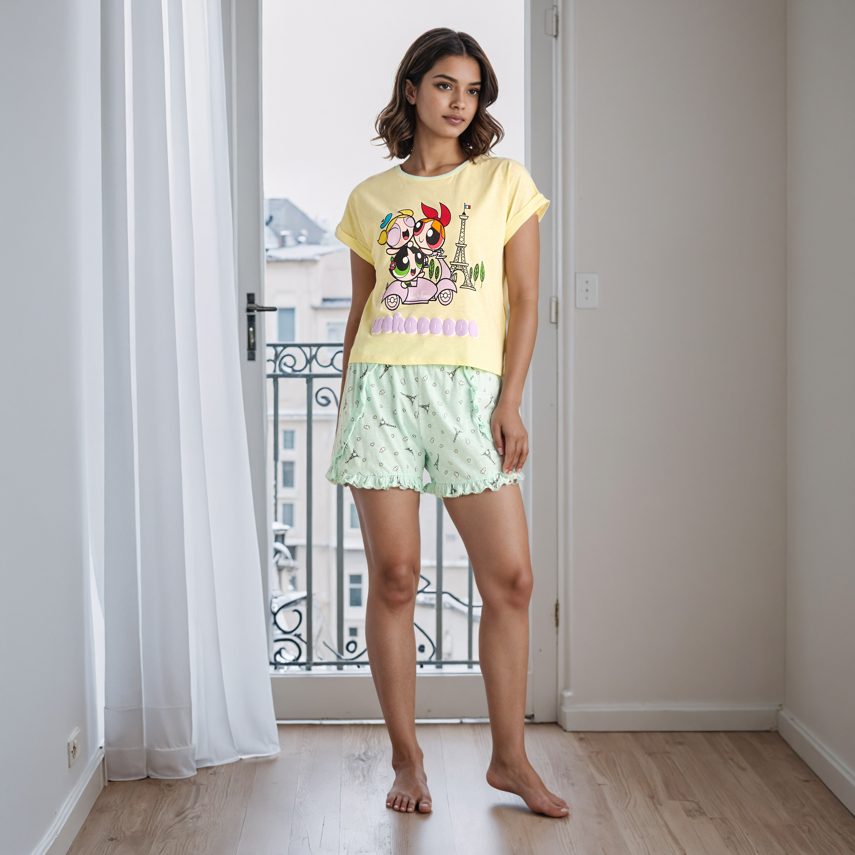 Powerpuff Girls Print Cotton Shorts Set-women-clothing-nightwear-pyjamas-shortsets-image-1