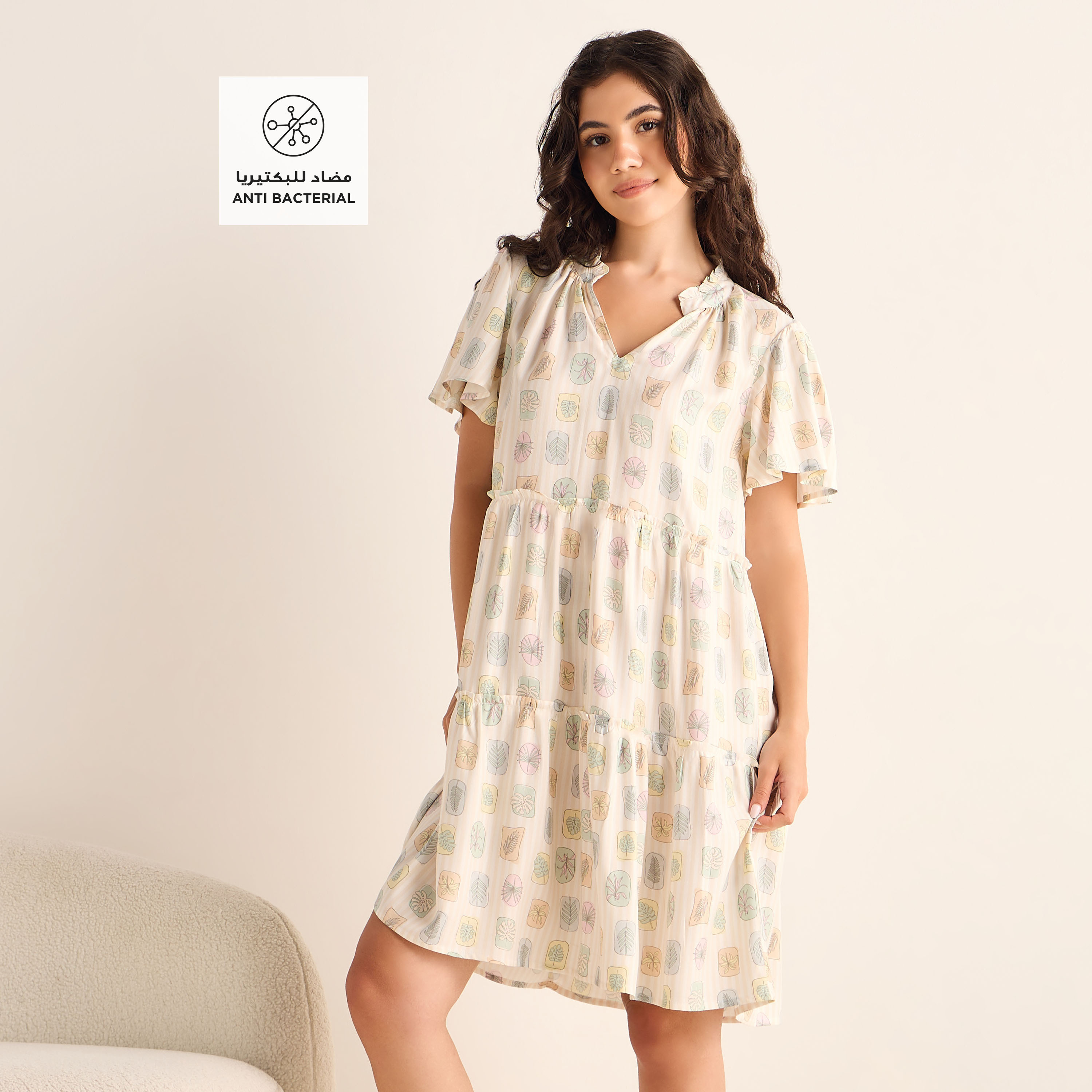 Set of 2 - Tiered Viscose Night Dress with Flutter Sleeves-women-clothing-nightwear-nighties-image-2
