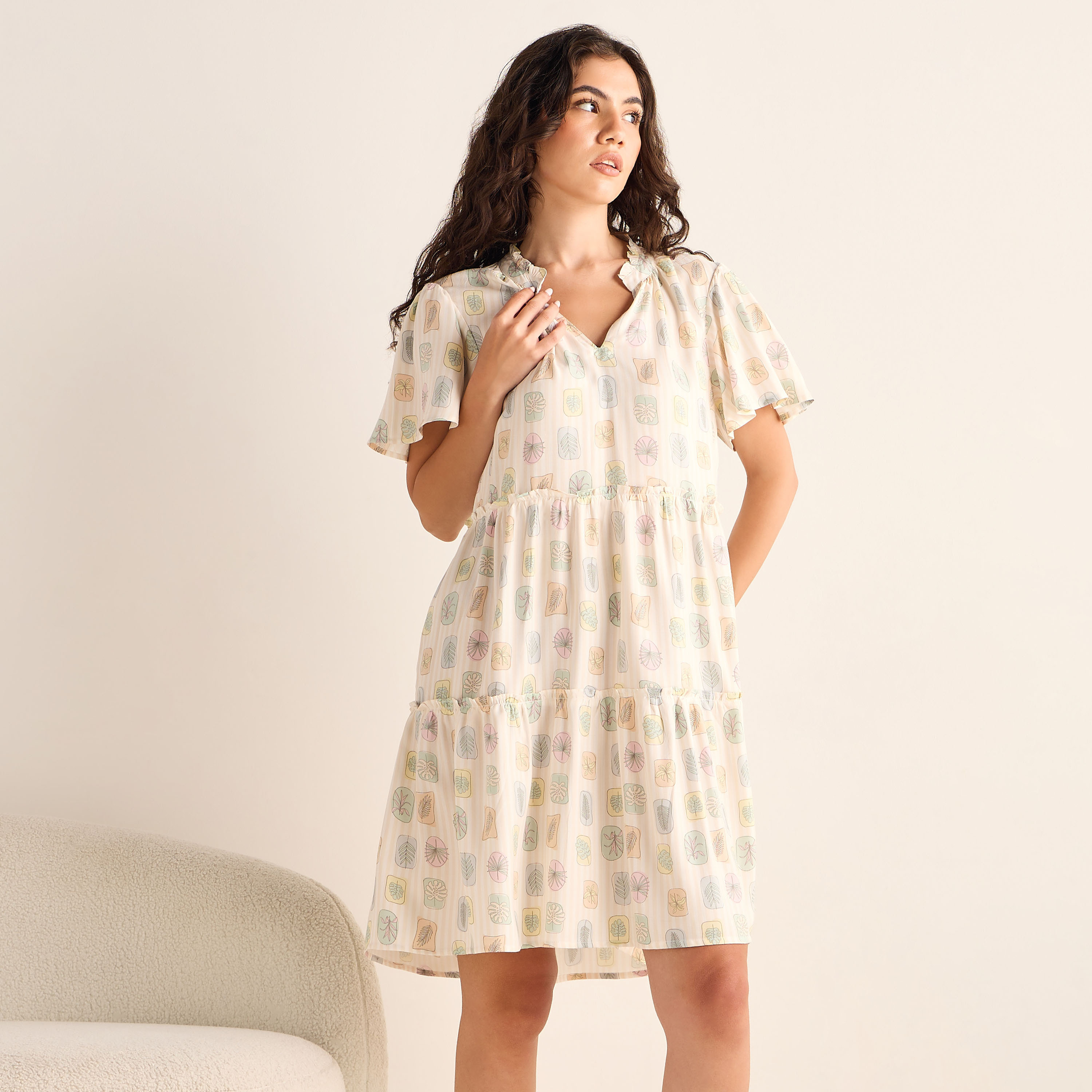 Set of 2 - Tiered Viscose Night Dress with Flutter Sleeves-women-clothing-nightwear-nighties-image-7