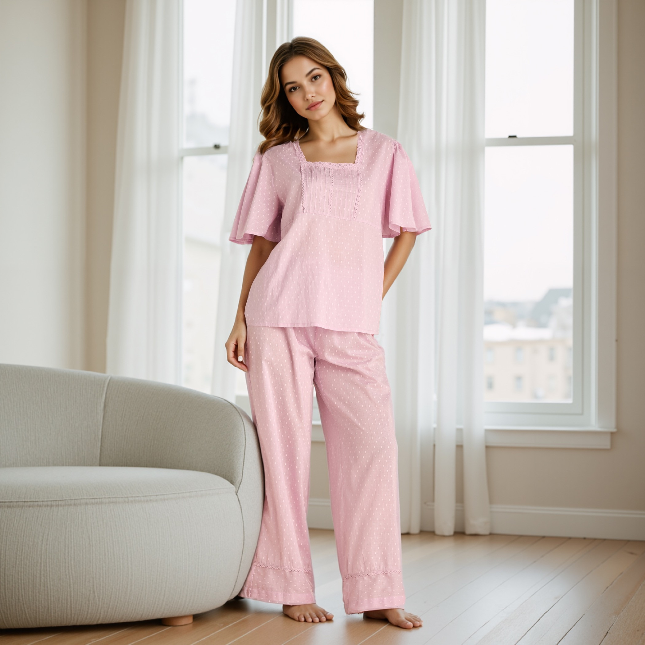 طقم بيجاما فيسكوز بنسيج دوبي بارز الملمس-women-clothing-nightwear-pyjamas-longsets-image-1