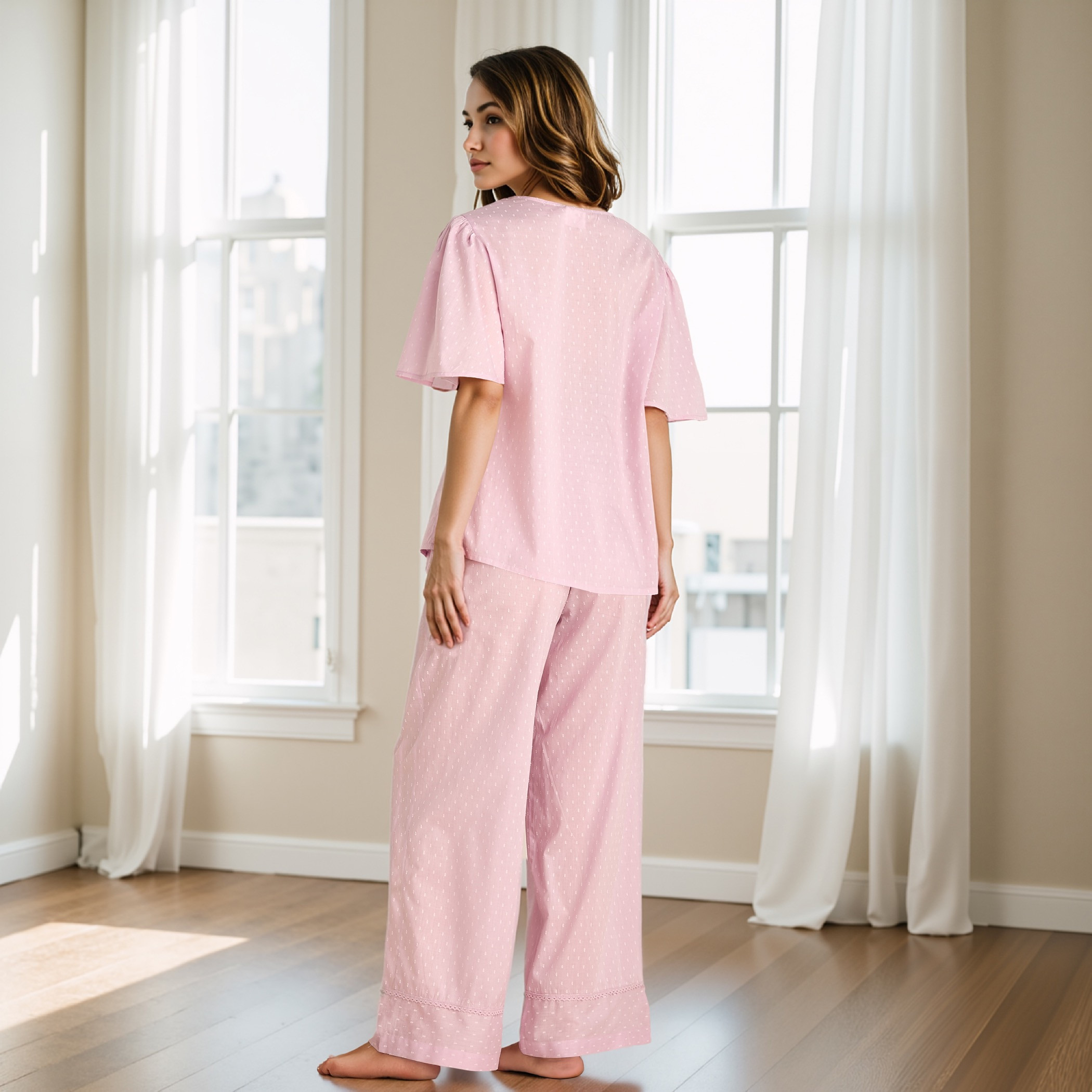 طقم بيجاما فيسكوز بنسيج دوبي بارز الملمس-women-clothing-nightwear-pyjamas-longsets-image-4