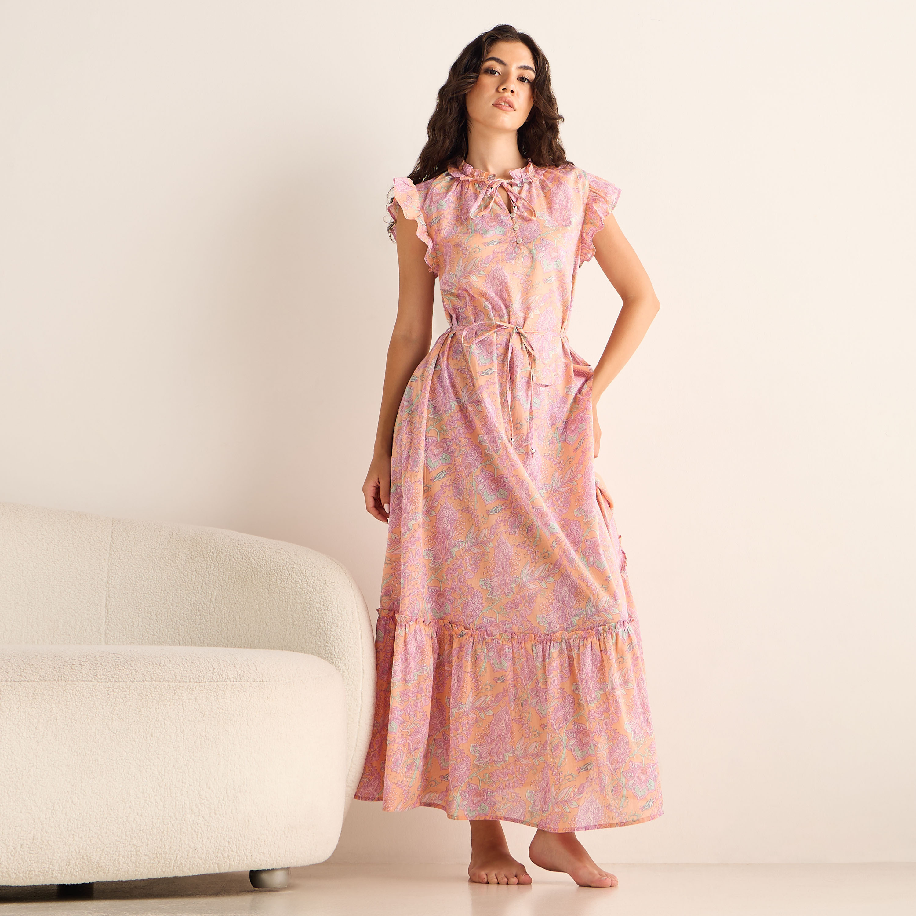 All-Over Print Cap Sleeves Viscose Night Gown with Tie-Up Belt-women-clothing-nightwear-nighties-image-2