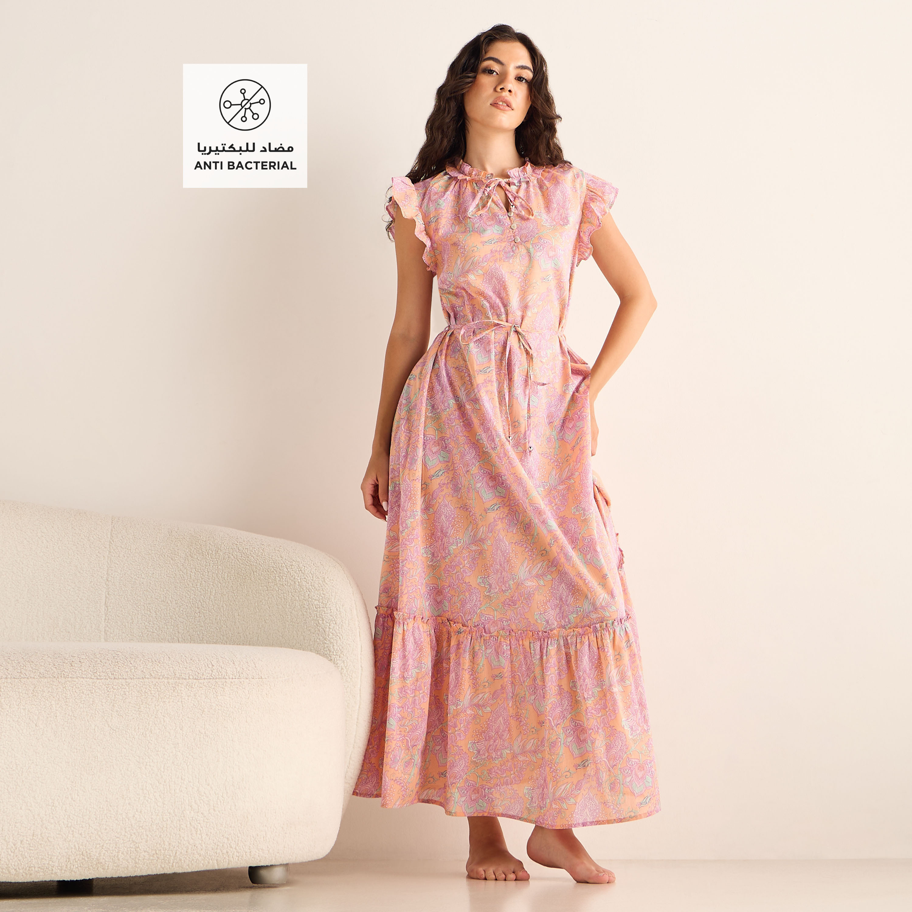 All-Over Print Cap Sleeves Viscose Night Gown with Tie-Up Belt-women-clothing-nightwear-nighties-image-3