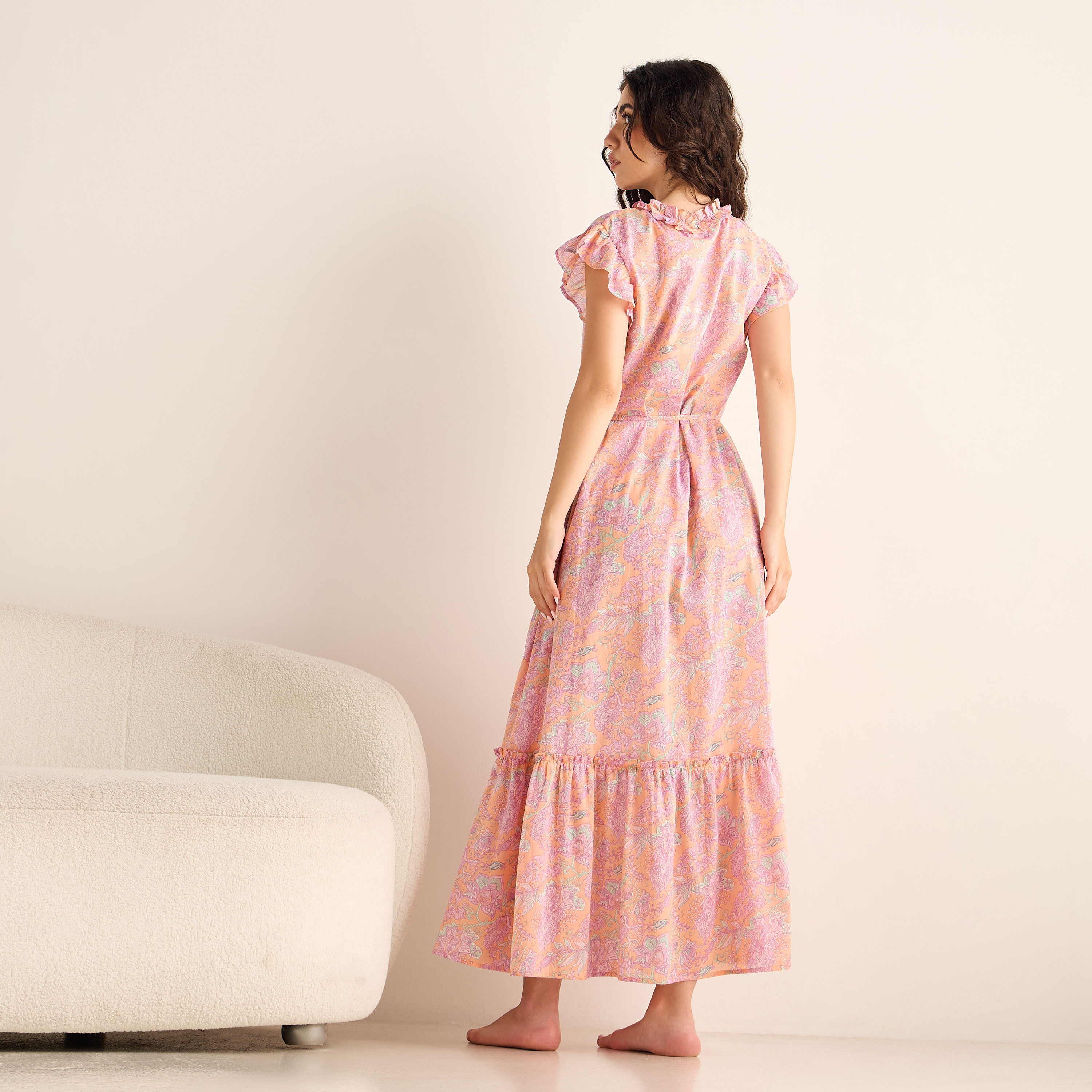 All-Over Print Cap Sleeves Viscose Night Gown with Tie-Up Belt-women-clothing-nightwear-nighties-image-4