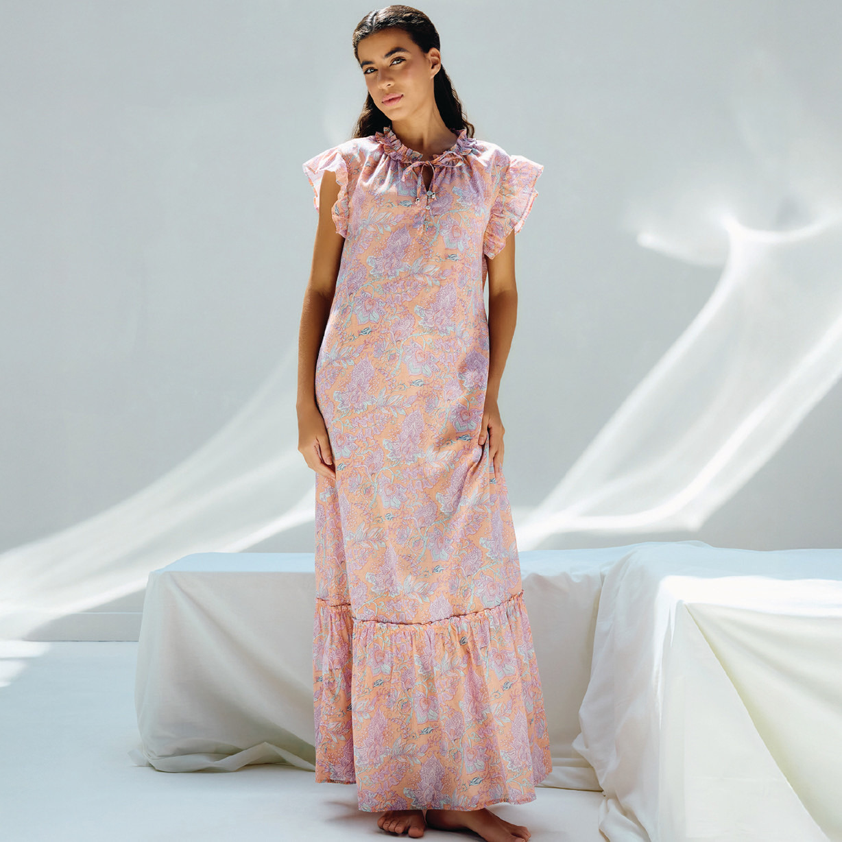 All-Over Print Cap Sleeves Viscose Night Gown with Tie-Up Belt-women-clothing-nightwear-nighties-image-1