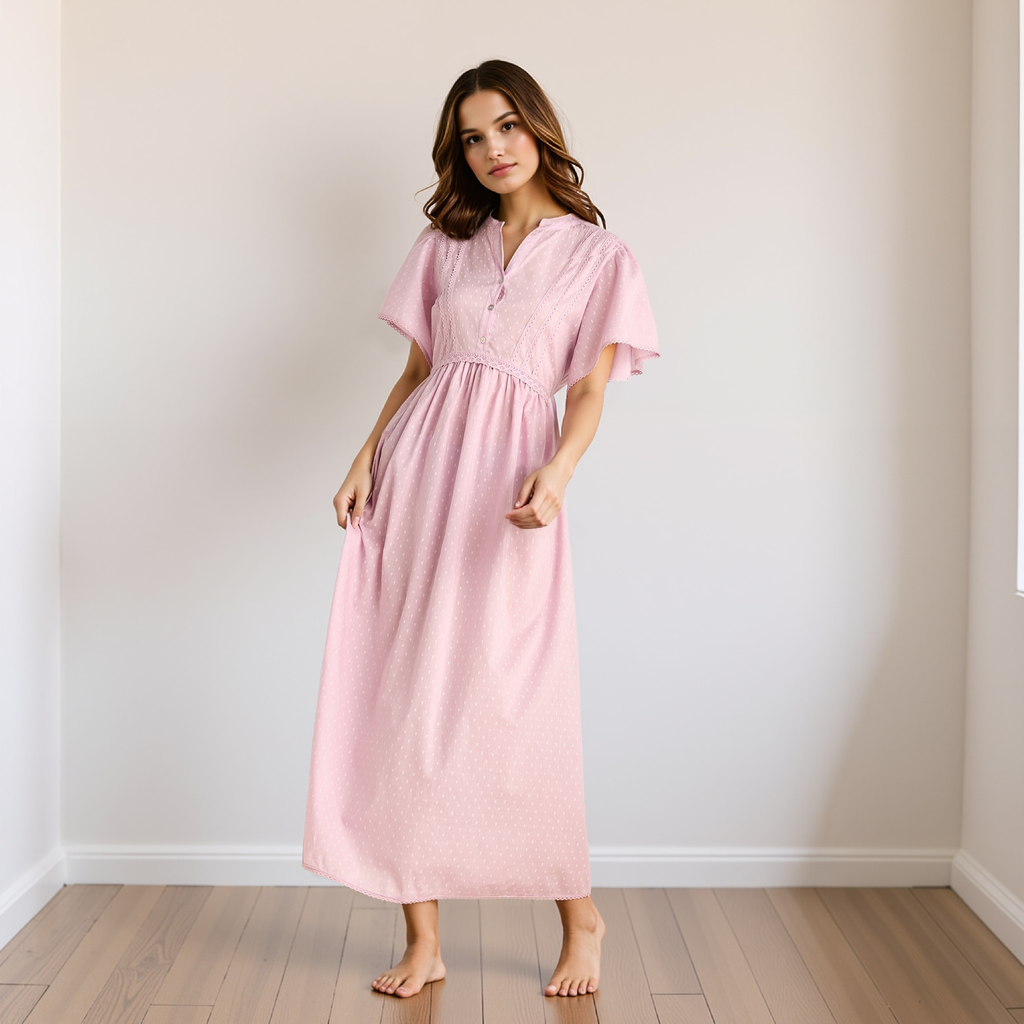 Textured Dobby Viscose Night Gown with Tie-Up Belt and Flutter Sleeves-women-clothing-nightwear-nighties-image-1