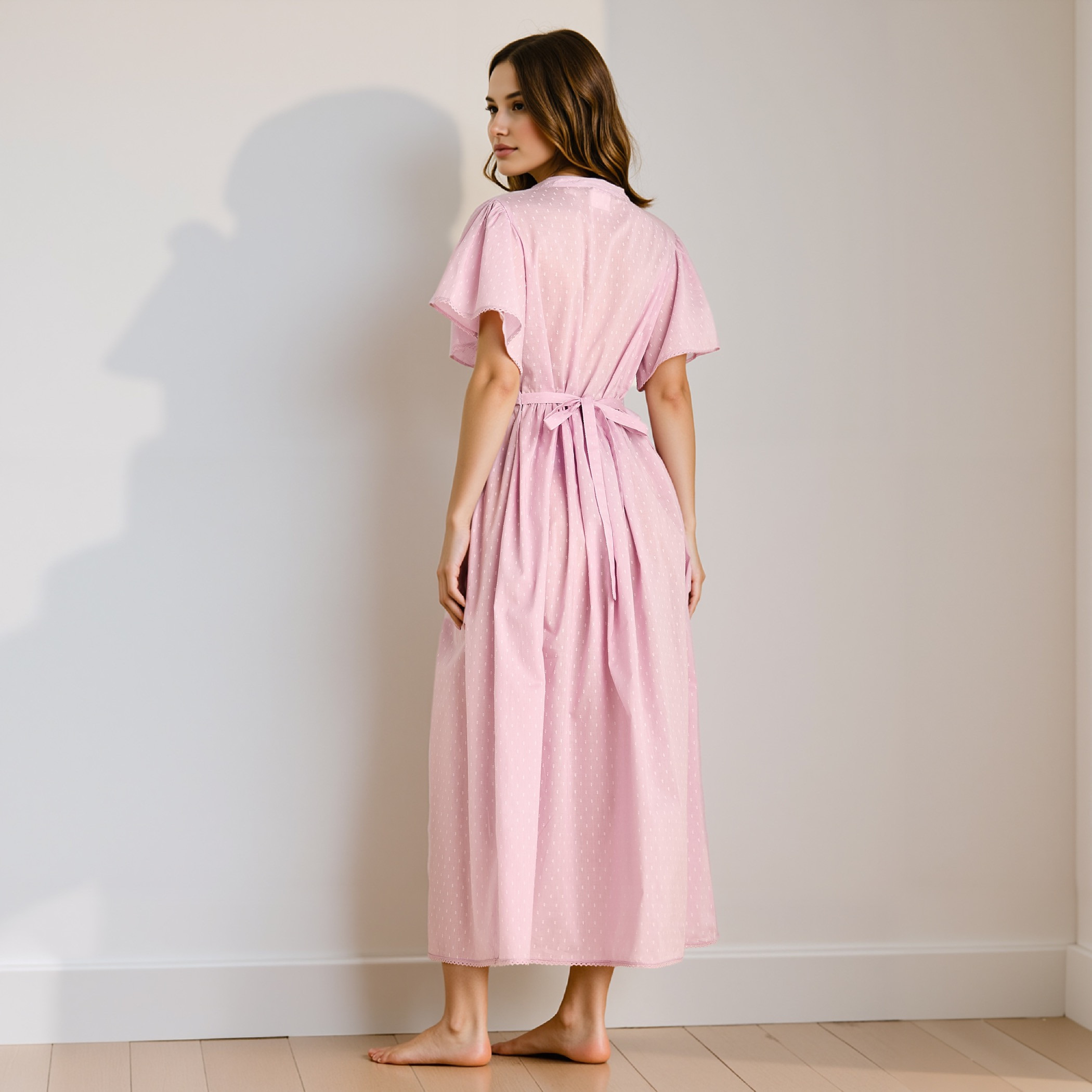 Textured Dobby Viscose Night Gown with Tie-Up Belt and Flutter Sleeves-women-clothing-nightwear-nighties-image-3